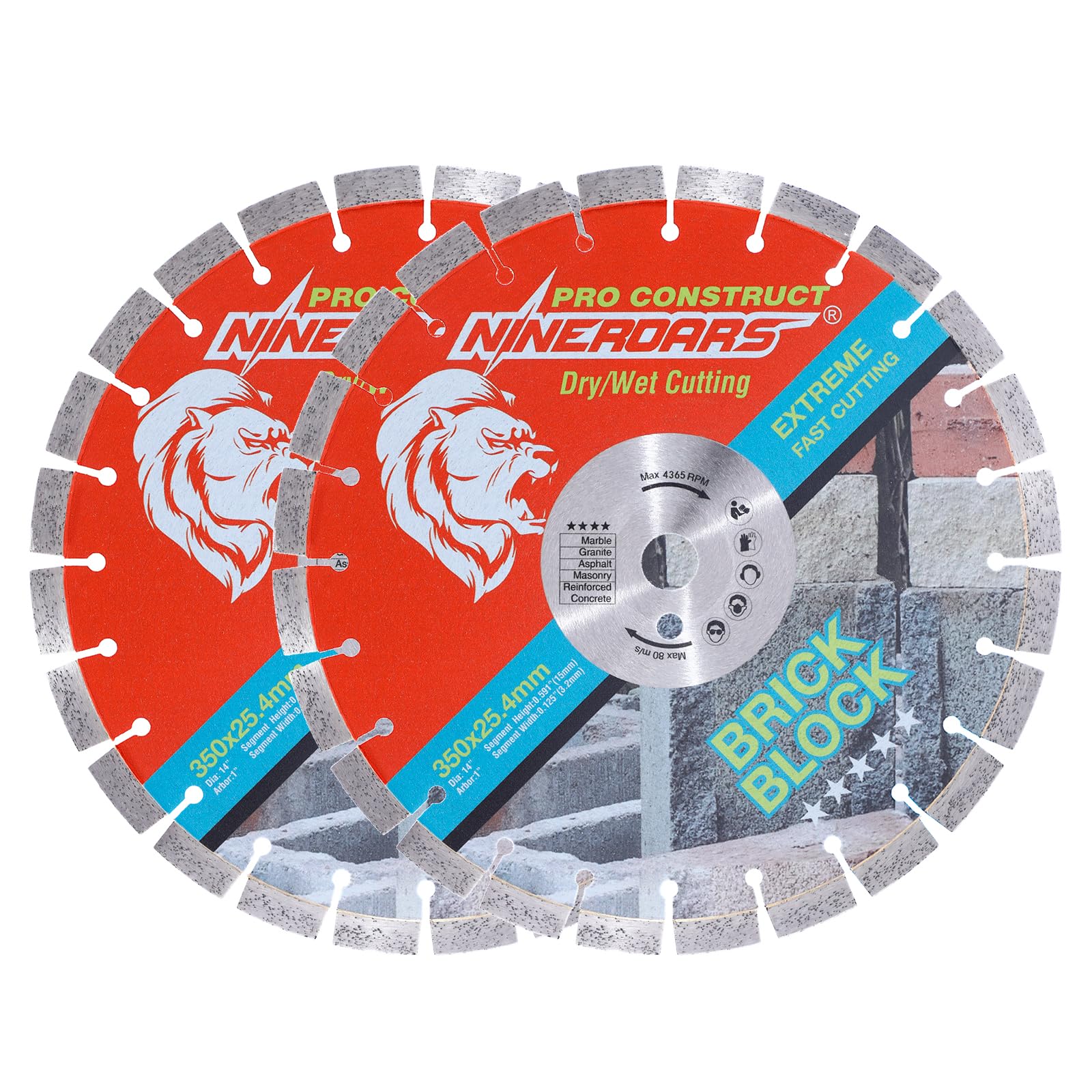 NINEROARS 14 inch Segmented Diamond Saw Blade Professional Industrial Road Blade Especially for Hard Concrete Dry or Wet Cutting Brick Block Stone,