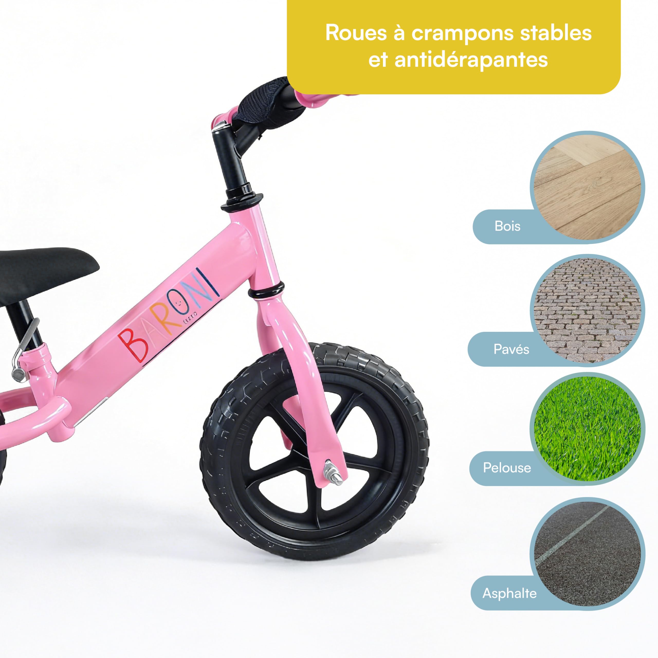 Baroni Toys Vélo sans pédales pour enfants à partir de 3 ans, Balanced Bike avec guidon et selle réglables, roues gazeuses antidérapantes, portée 45 kg, idéal pour l'équilibre et la coordination