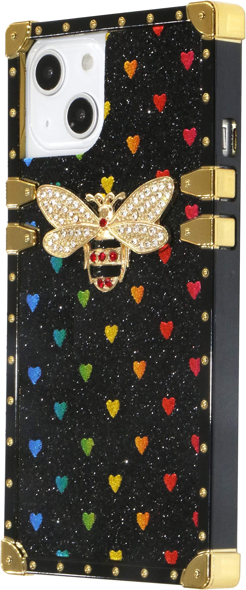 Umhlaba Compatible with iPhone 13 case Luxury Square Cute bee Cases Women Girls Bling Glitter Box Trunk 5g Phone Cover Bumper 6.1 inch (Black)