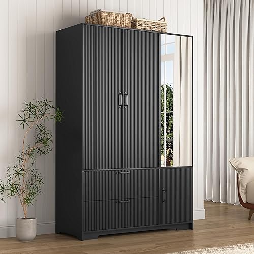 Miniatura 10 de Armario de 68.5 pulgadas con puerta de espejo, armario independiente moderno de 3 puertas de madera acanalada con 2 cajones y armario de