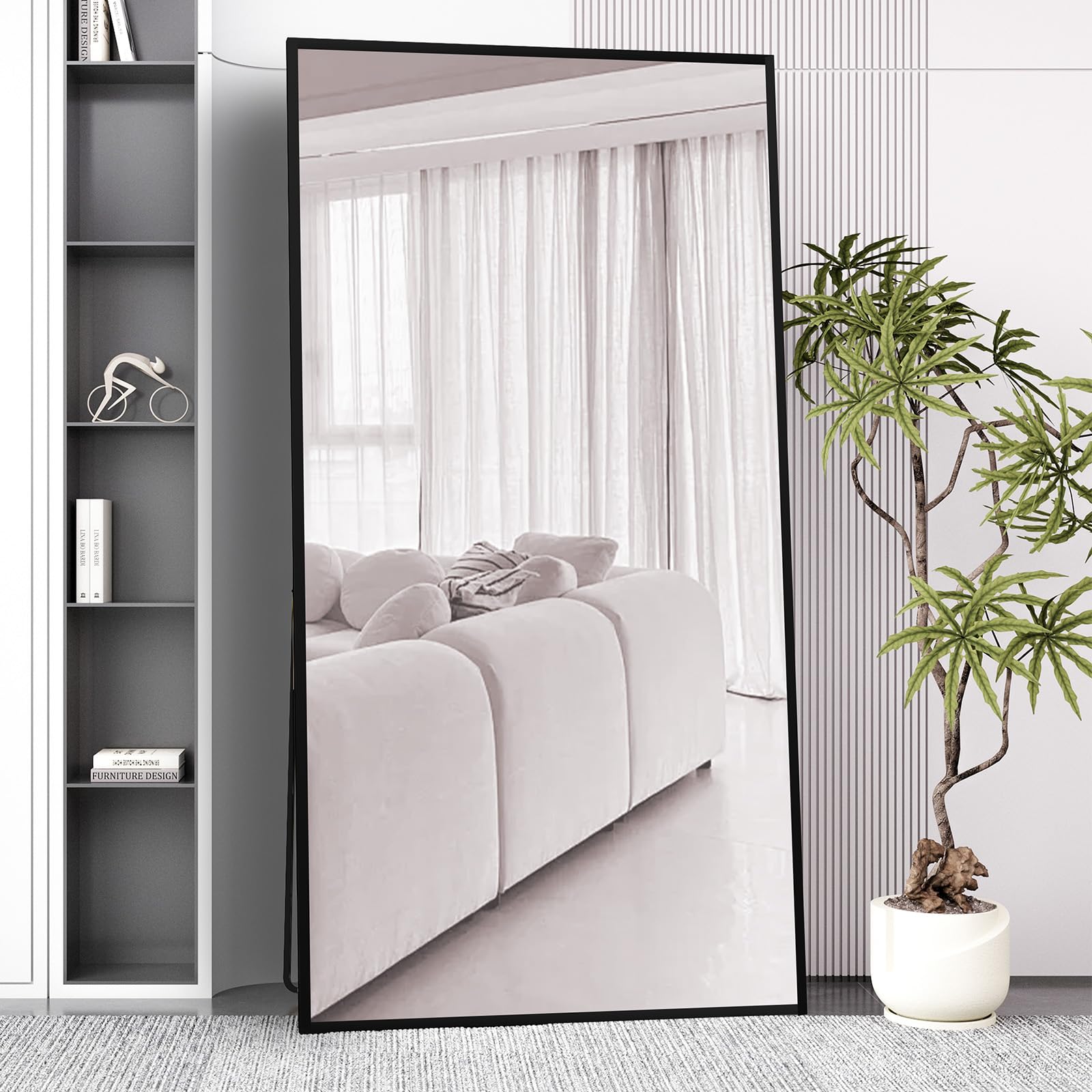 Beauty4U Full Length Mirror 200x100cm Free Standing, Hanging or Leaning, Large Floor Mirror with Black Aluminum Alloy Frame for Living Room or Bedroom