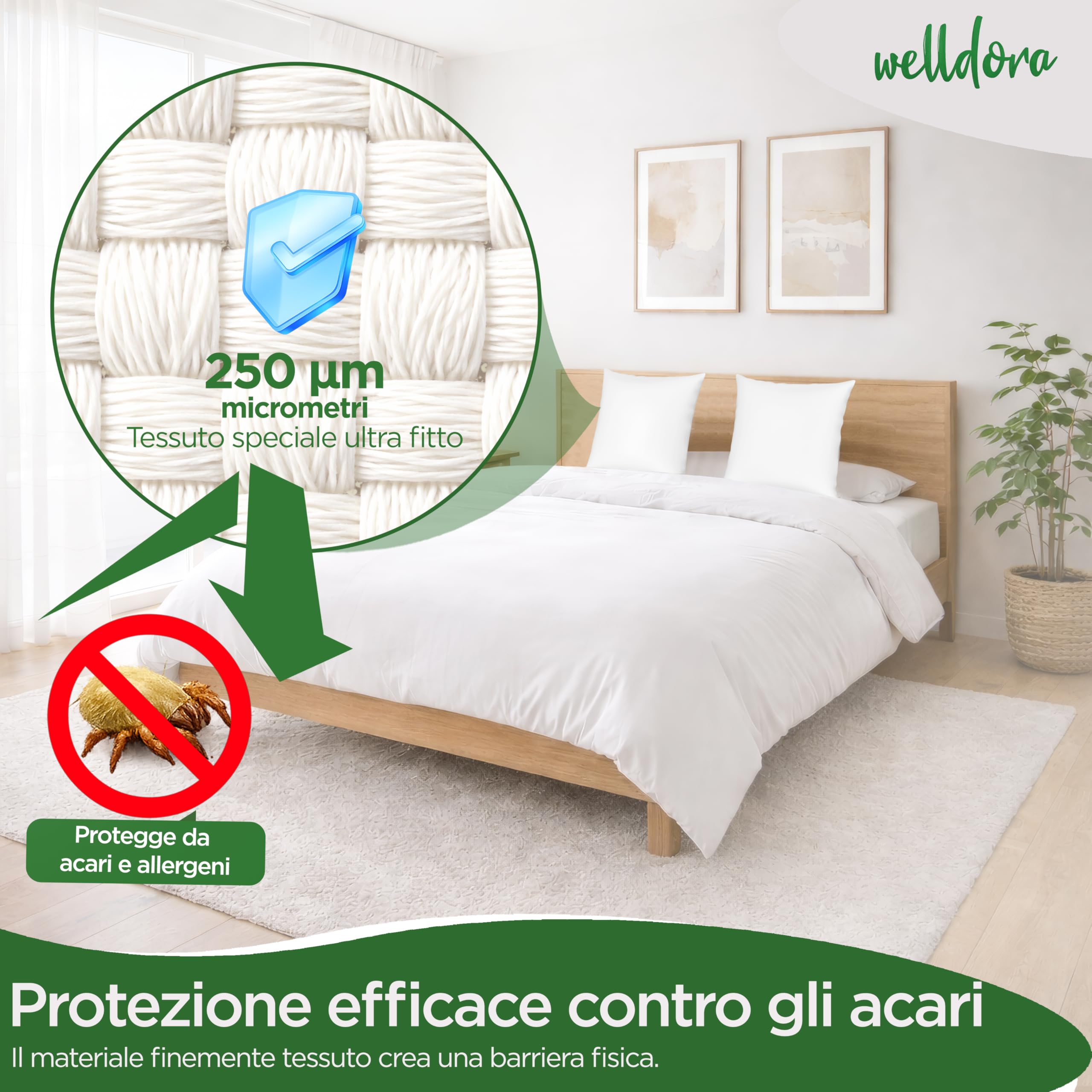 Welldora Set di 2 Copricuscino Antiacaro Anallergico 50 x 70 cm, Federe Antiacaro Antiallergiche Testate, Fodera contro Acari e Cimici dei Letti, Biancheria da Letto