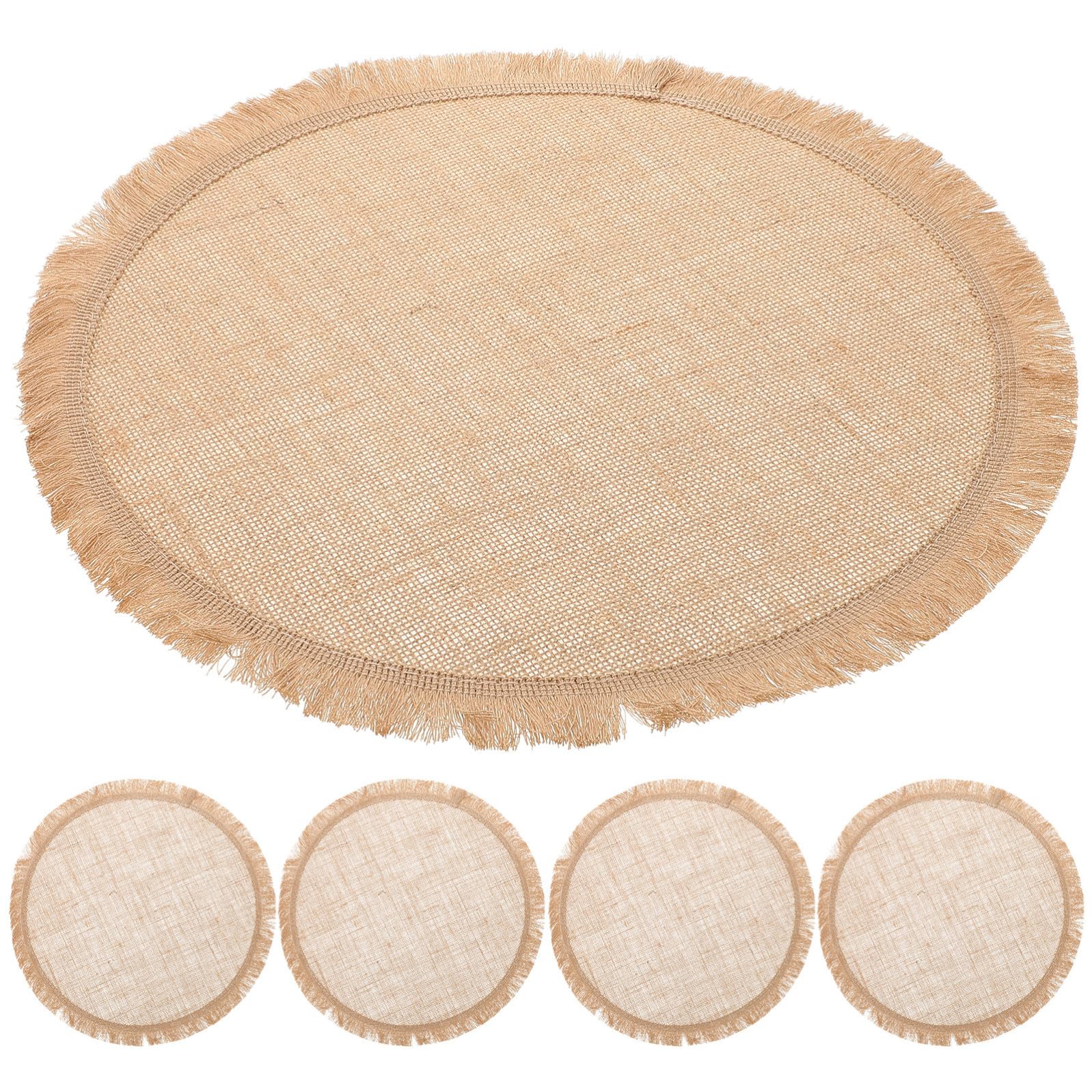 KALLORY Set 8 Tovagliette di Juta Beige Rotonde con Bordo in Pizzo 37 Cm per Decorazioni Festa e Uso Versatile Protegge la Tavola da Macchie