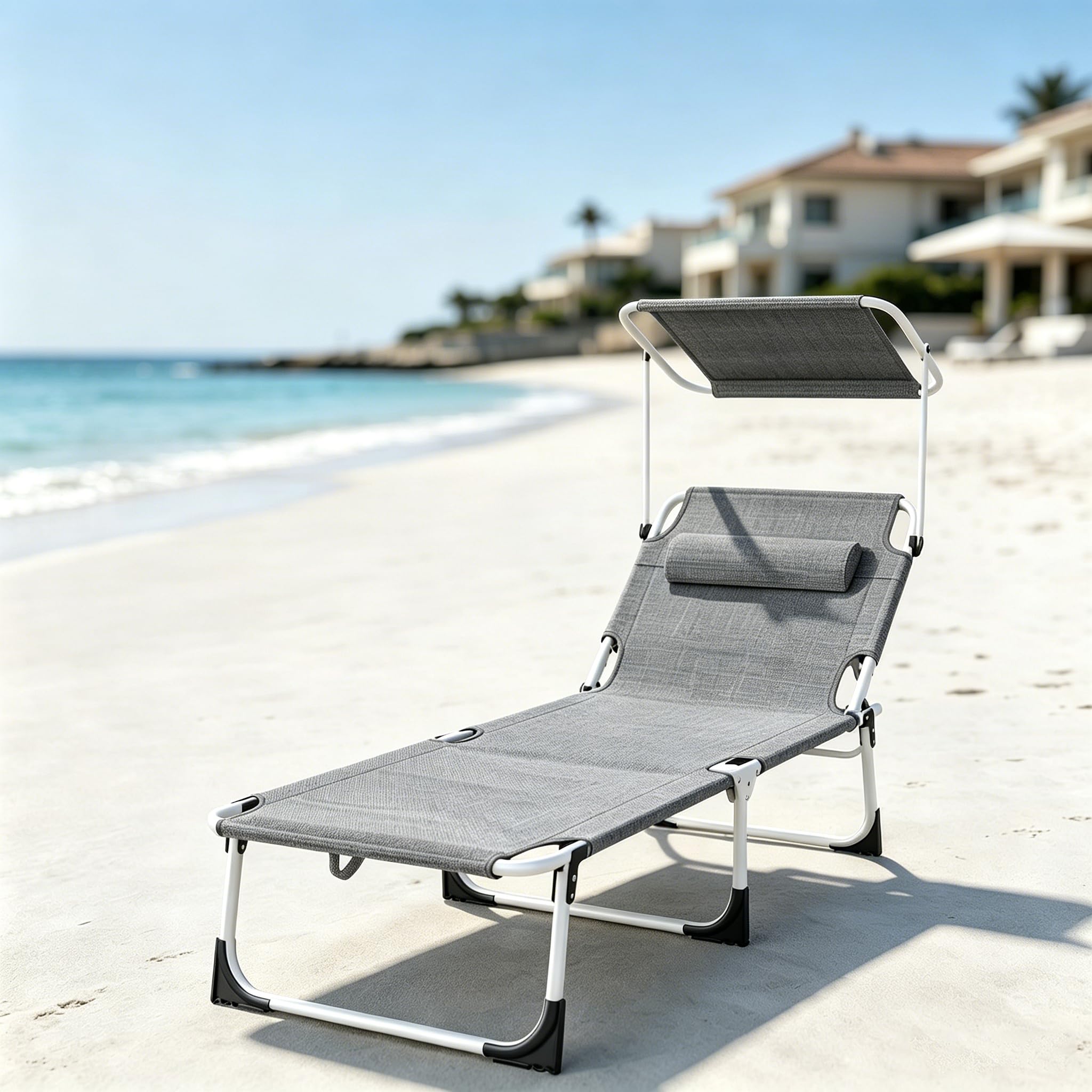 FIVMEN Sonnenliege mit Dach Strandliege Gartenliege Klappbar mit Kopfkissen & Seitentasche & Verstellbare Rückenlehne Sonnenschutz Liegestuhl Gartenstuhl Relaxliege für Strand Garten, Grau