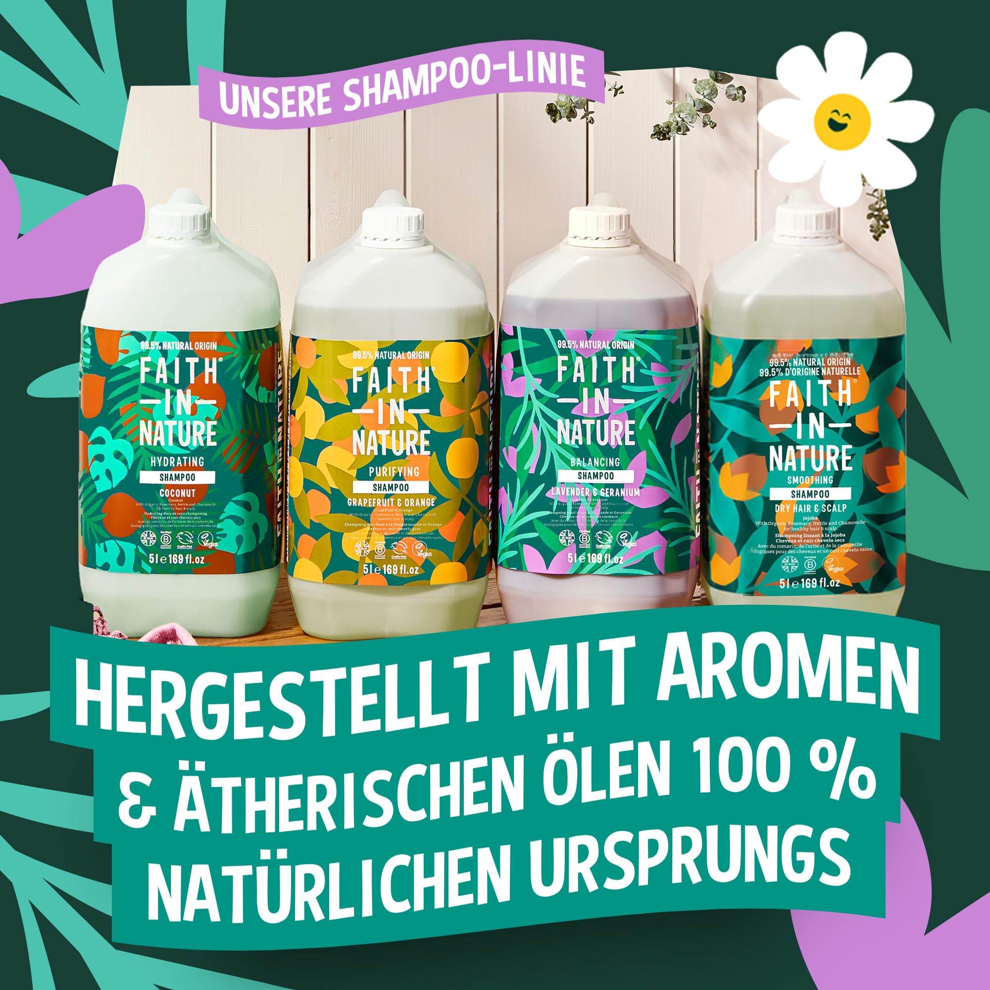 Faith In Nature Natürliches Lavendel- & Geranium-Shampoo, ausgleichend für normales Haar und Kopfhaut, vegan & tierversuchsfrei, ohne SLS, Silikone oder Parabene, 5-Liter-Nachfüllpack