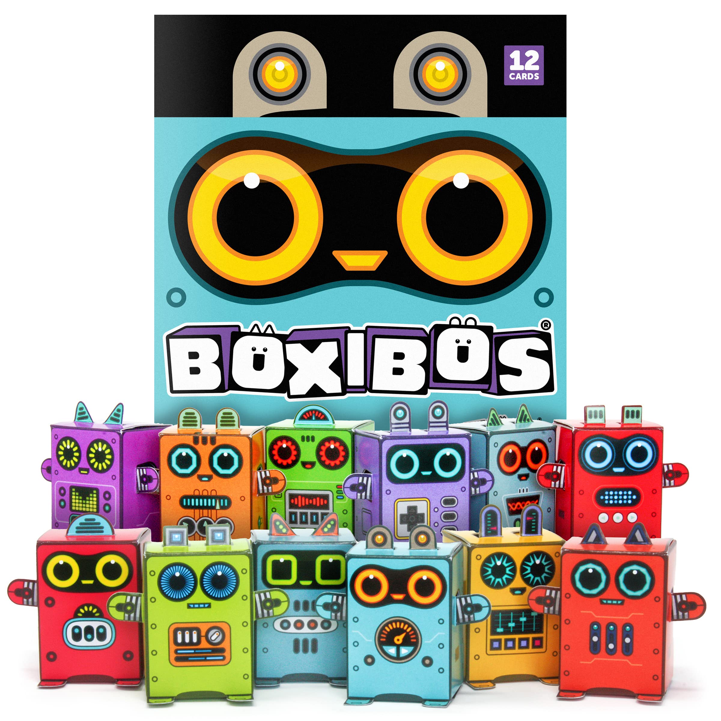 Box Buddies Boxibos Robots - Pack of 12 Mini Box Robots - Paper Craft for Kids, Space Party Bag Fillers, Pocket Money Toys