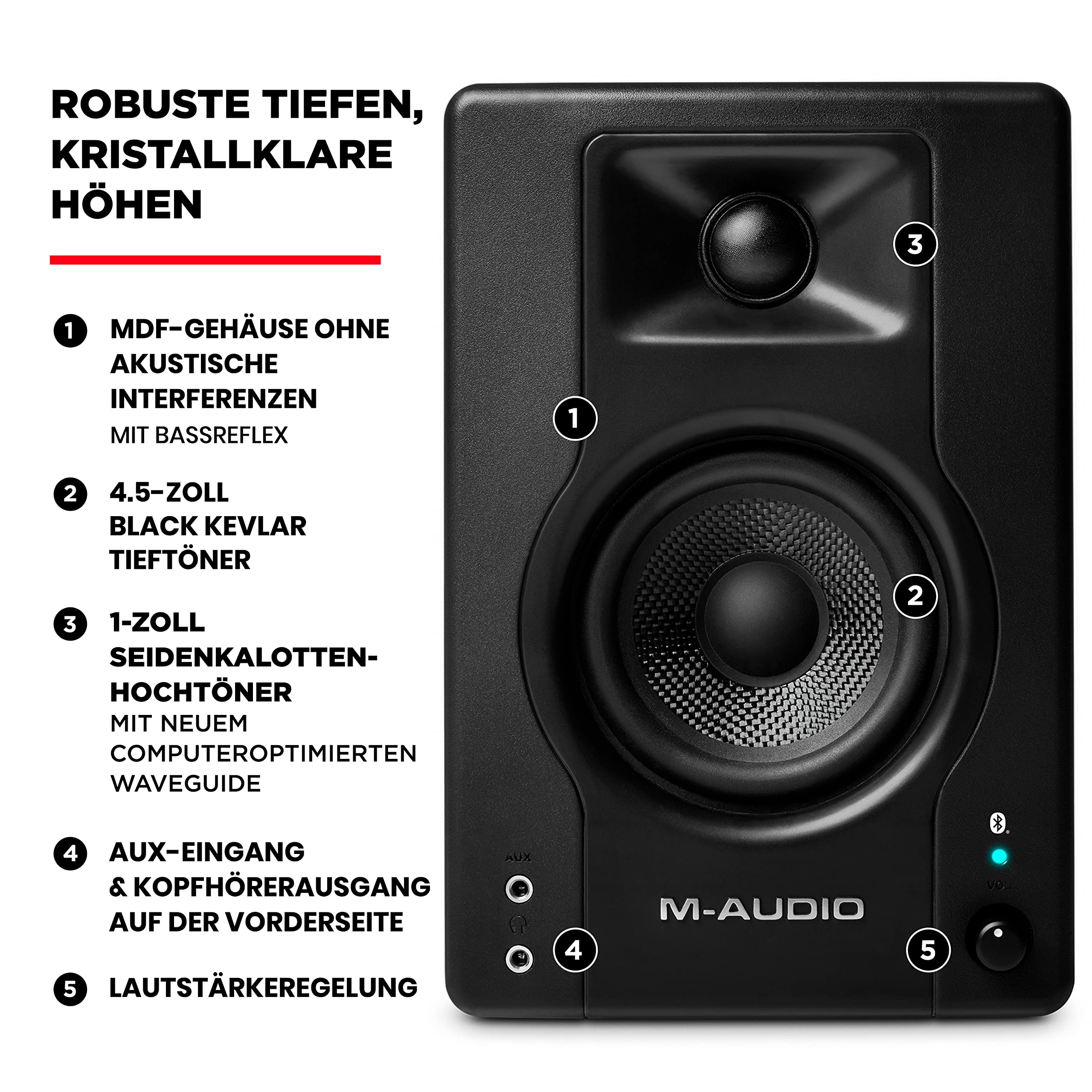 M-AUDIO BX4BT 4.5-Zoll Studio-Monitore mit Bluetooth High-Definition Monitor Lautsprecher Boxen für Recording und Multimedia, Paar