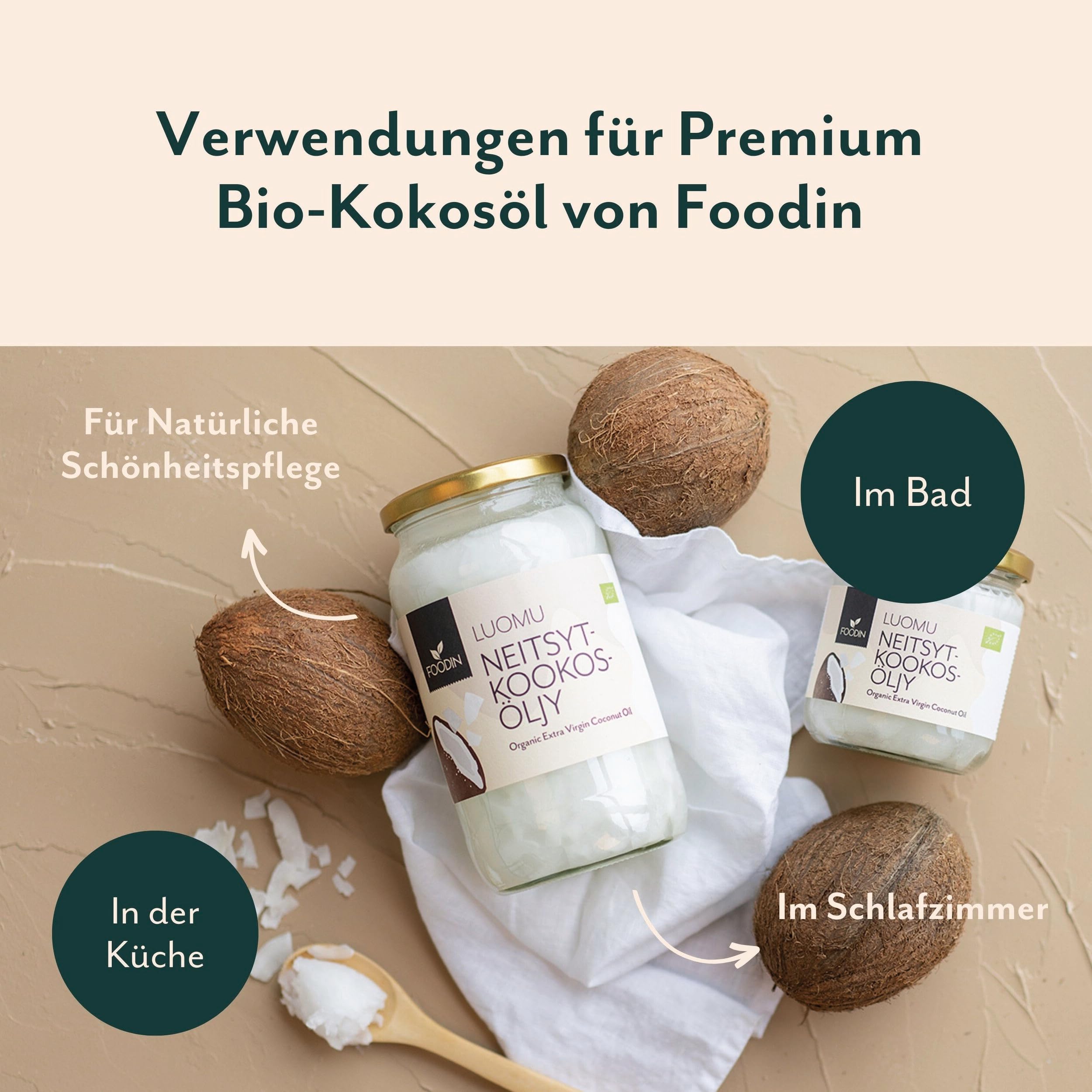 FOODIN Olio di Cocco Biologico Vergine - 100% Naturale e Puro, Ideale per Cucina, Frittura, Pasticceria e Cura di Pelle e Capelli, Spremuto a Freddo (1000 ml, Confezione da 2)