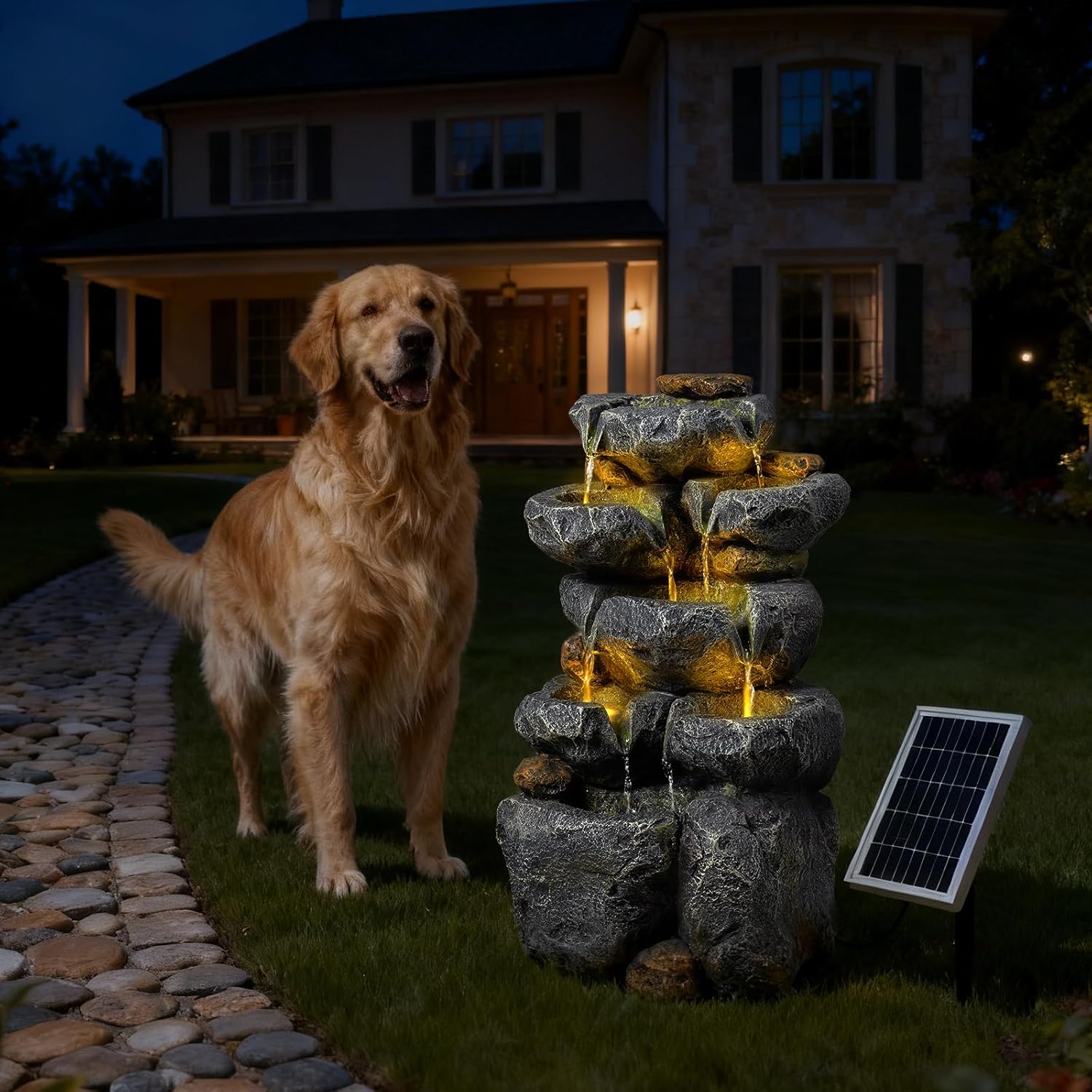 5 Tiered Solar Powered Water Fountain, Solar Water Fountain Outdoor Garden Cascading Rock Water Fall Fountains Outside with Lights for Backyard, Patio, Deck, Porch, 24" H x 13.39" L x 9.6" W