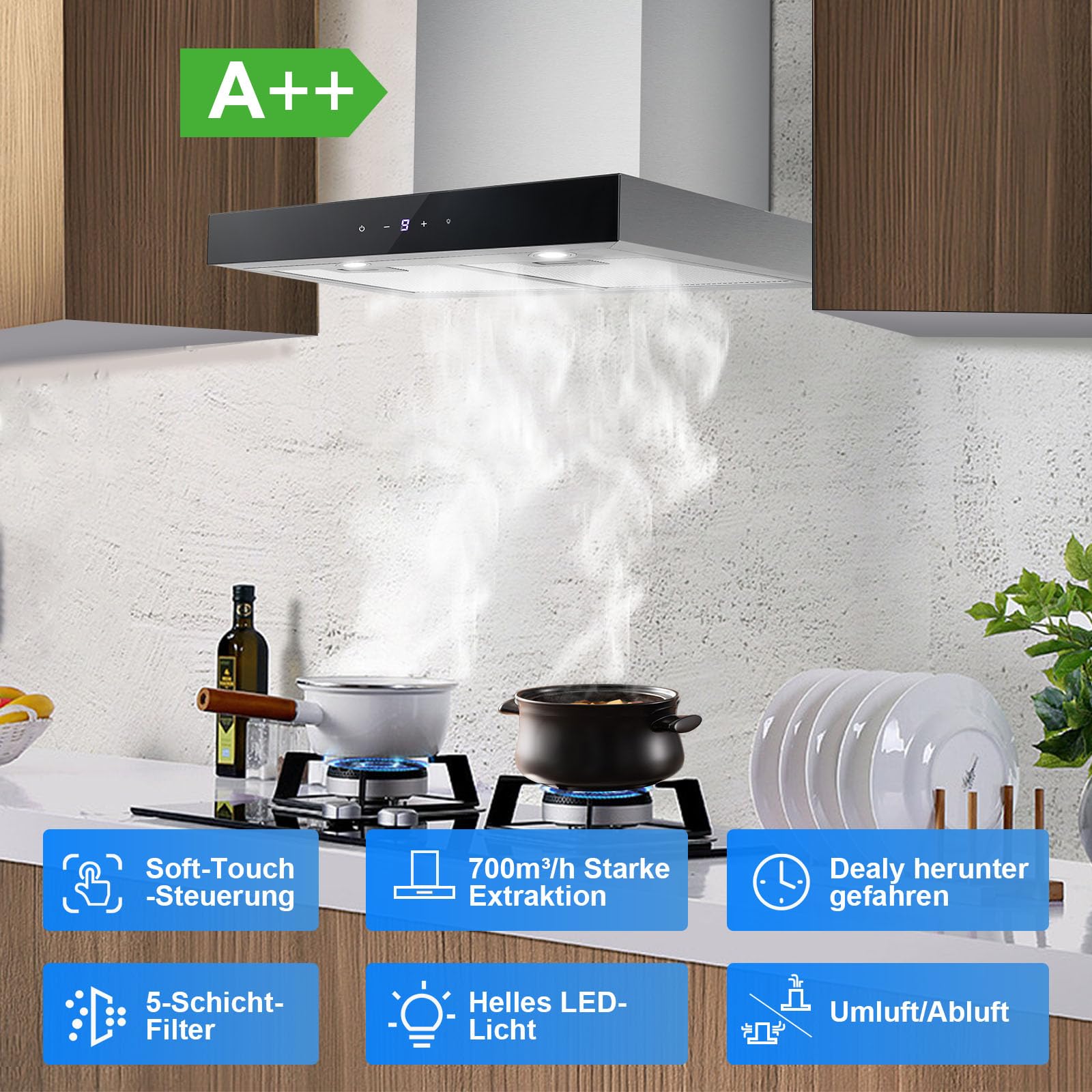 Dunstabzugshaube 60cm TopStrong, Dunstabzug mit 700 m³/h Luftstrom, Edelstahl, 9 Stufen Soft Touch Steuerung, 2W LED-Licht, Abzugshaube Umluft/Abluft