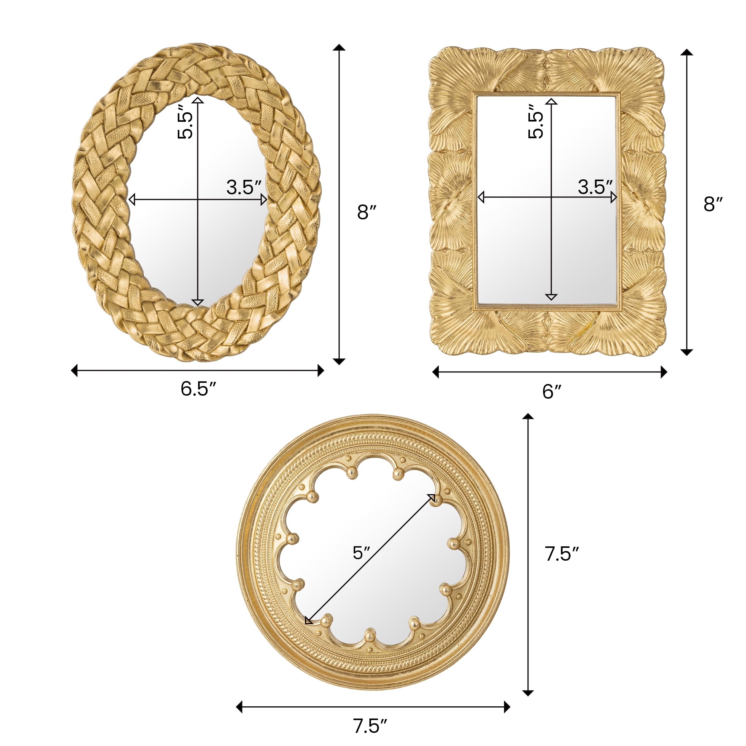 AELS Confezione da 3 piccoli specchi decorativi da parete in oro antico, decorazione da parete per la casa, set di 3 specchi decorativi da parete per soggiorno, ingresso e camera da letto