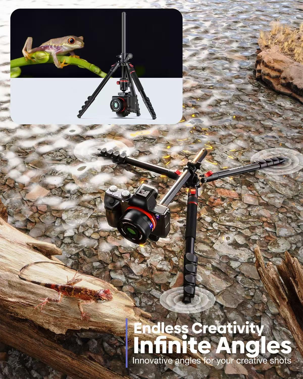 Treppiede orizzontale da 68 pollici per fotocamera, treppiede in alluminio con testa a sfera per riprese macro e in testa, monopiede staccabile, piastra QR Arca da 0,25 pollici, capacità di carico 15