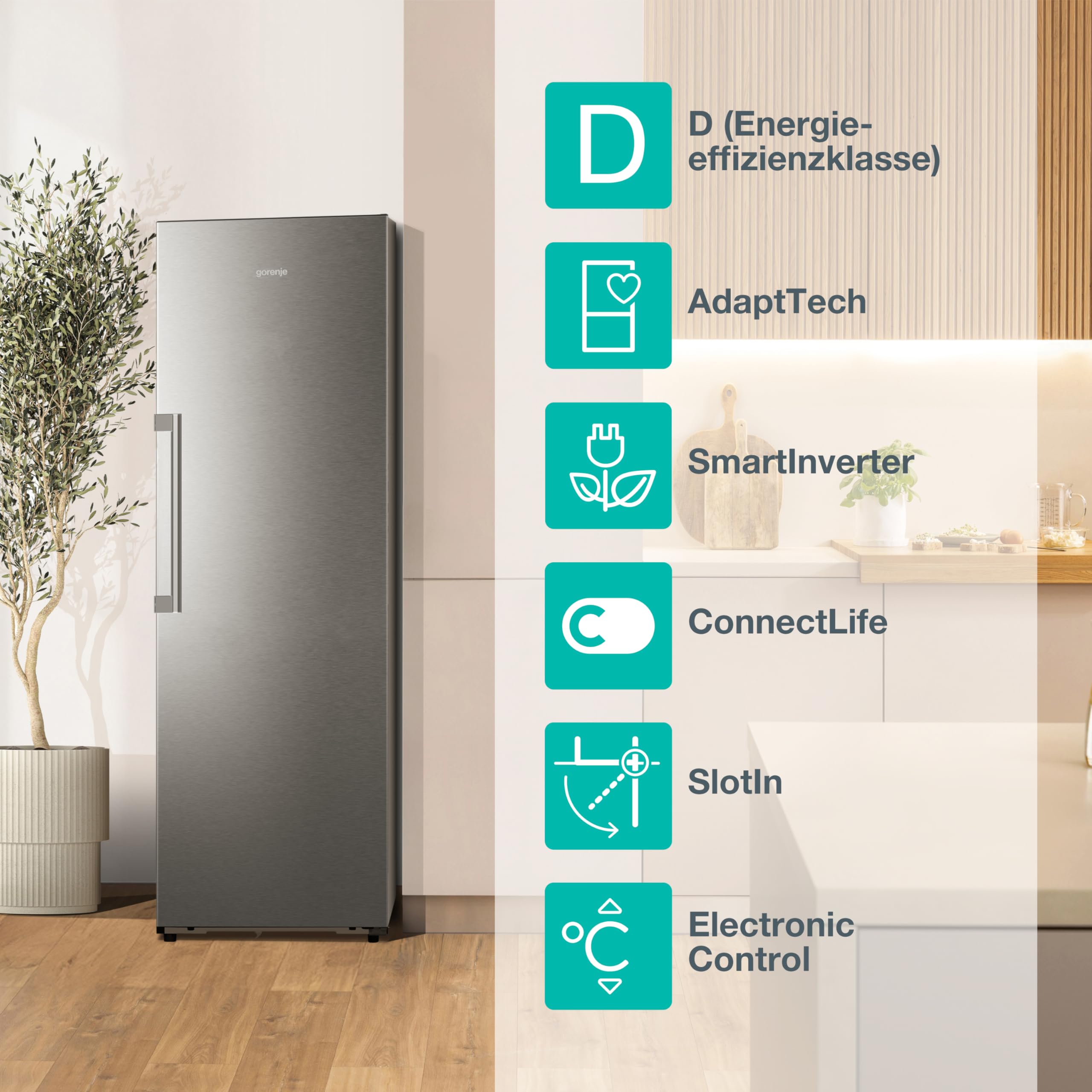 Gorenje RN618D6X6WF Kühlschrank, 372 Liter, SmartFit, 185cm Höhe, CrispZone mit Feuchteregler, Wifi, Flaschenhalter, Easy-open Griff, Inverter, BxHxT: 59,5×185,6×60 cm, Edelstahl