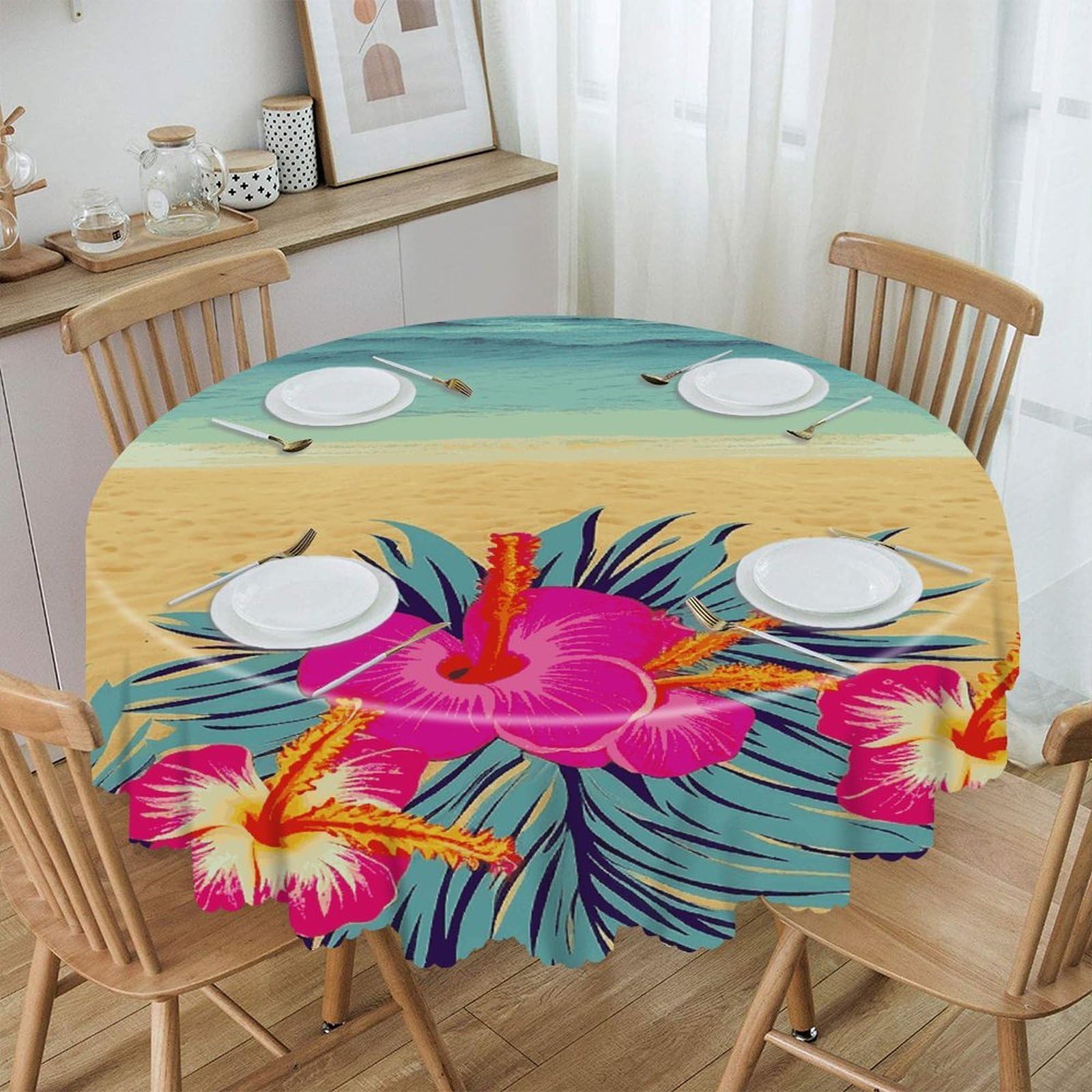Btcowzrv Style Hello Hawaii Polyester Round Tablecloth 59.84 Inch, Decorative Washable Table Cover, Table Cloth For Restaurant Picnic Indoor And Outdoor Dining