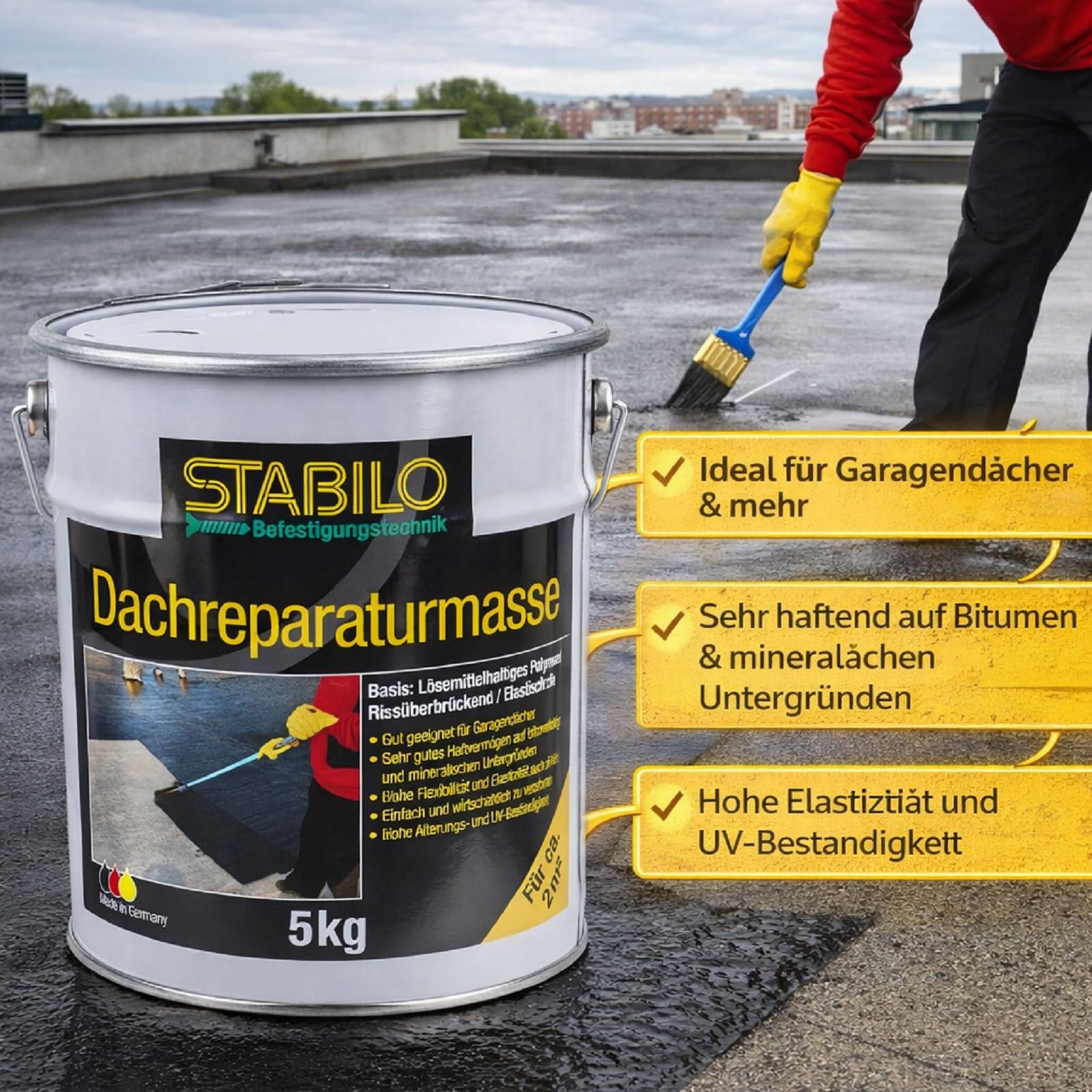 Stabilo Dachreparaturmasse 5 kg | Bitumen-Spachtelmasse, Dach-Abdichtung, Schwarz