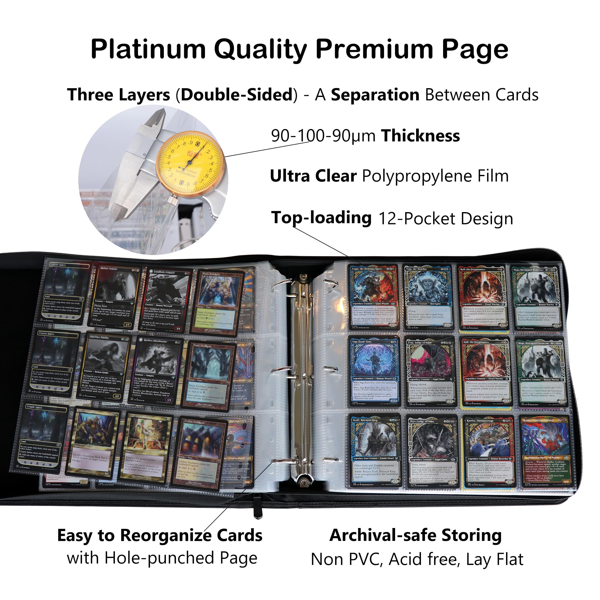 Amazon.com: Rayvol Trading Card Binder, 12 Pocket Fit 1800 Cards - Metal  D-Ring Card Holder with 75 Double-Sided Clear Pages, Top-Loading Collectors  Album -White : Toys & Games