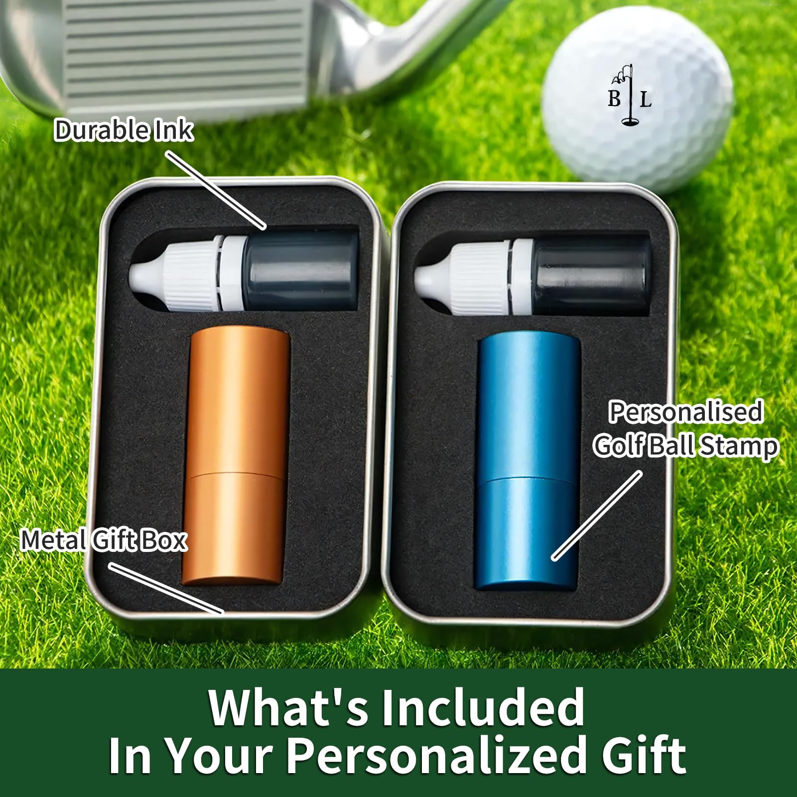Sello de pelota de golf personalizado con estuche de almacenamiento de metal, marca reutilizable