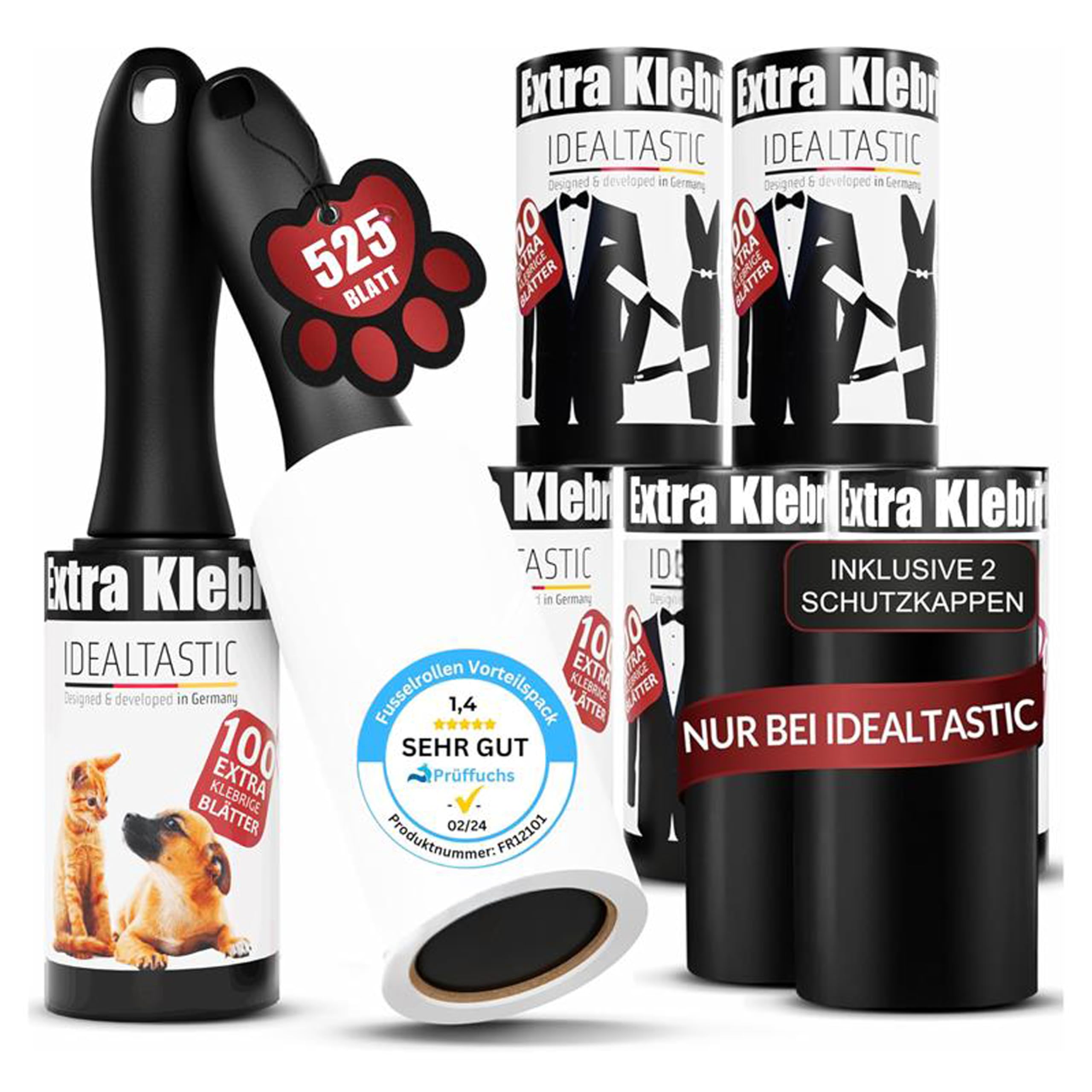 IDEALTASTIC® Fusselrolle Parent mit 2xGriff & 5x100 Blatt I Fusselentferner Kleidung extra klebrig I Tierhaarentferner einfach zu wechseln I Fusselbürste + Staubschutz
