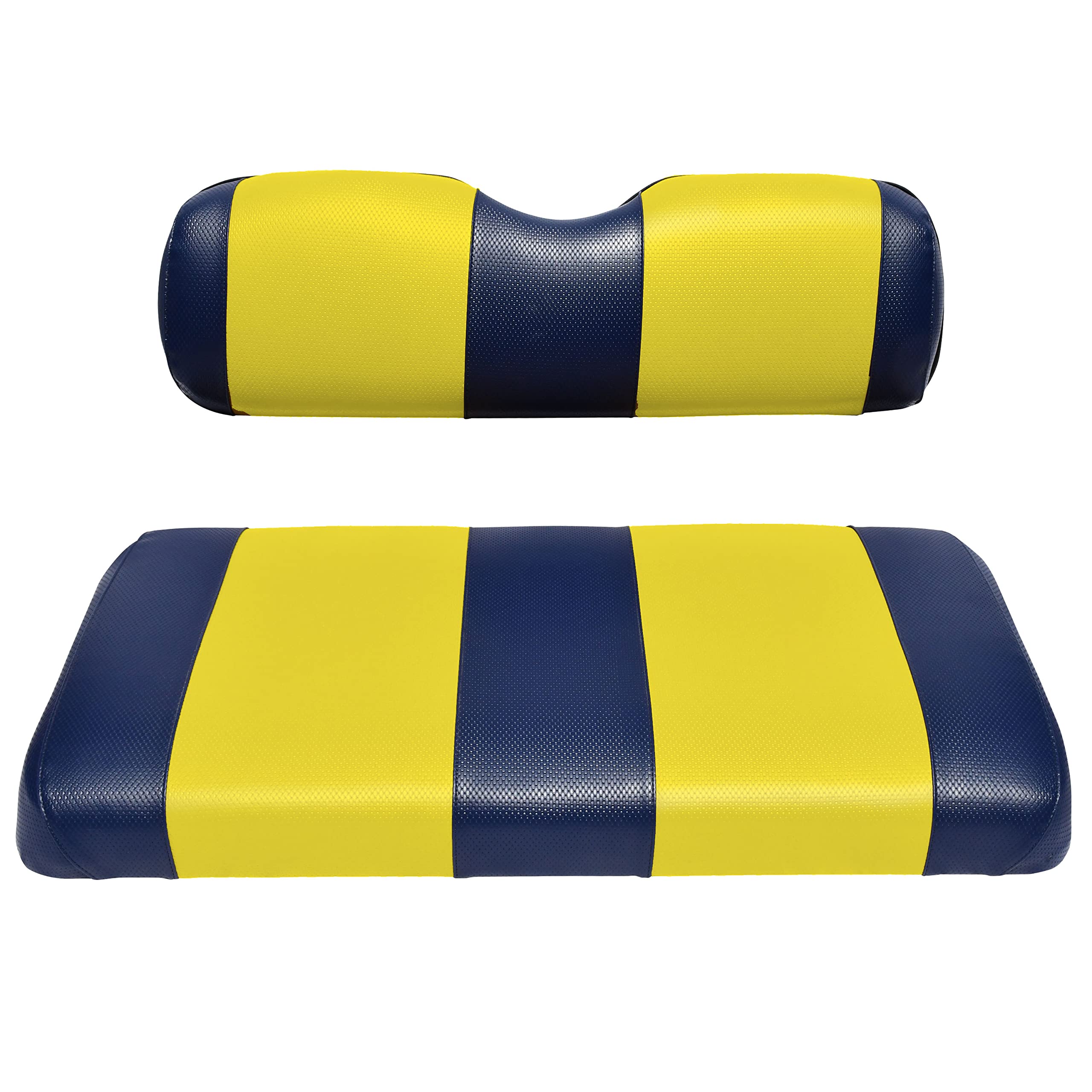 EZGO TXT Replacement Golf Cart Seat Cover Staple On Installation - 2 Piece - Premium Marine Vinyl - 5 Panel Stitching - Two-Tone (Blue & Yellow)