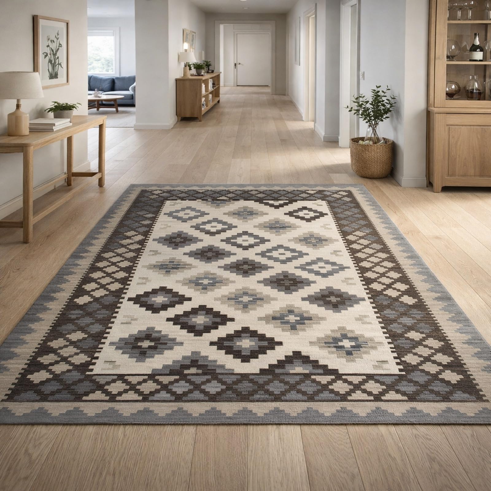 Alfombra lavable para cocina de diseño geométrico tradicional gris