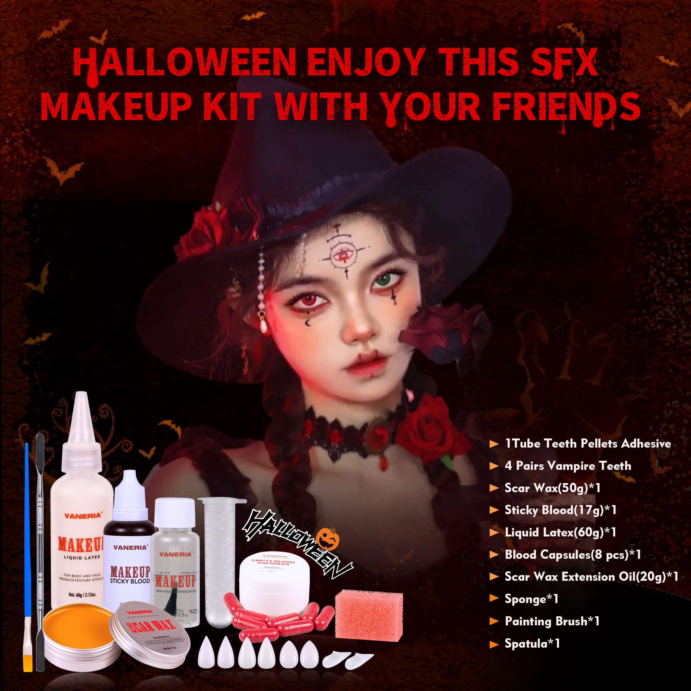VANERIA Halloween Vampire Makeup Sfx Kit,Liquid Latex+Scar Wax+Fake Blood Capsules+Vampire Fangs+Scar Oil+Painting Brushe+Spatula+Stipple Sponge,Special Effects Makeup Kit Professional