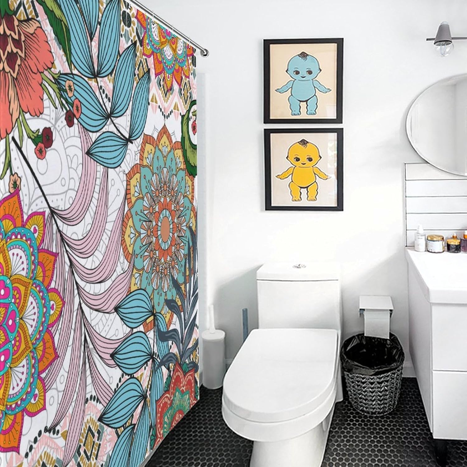 Boho-Blumen-Duschvorhang Vintage Mandala Tropische Blätter Paisley Medaillon Rustikal Wasserdicht für Badezimmer mit Haken (240x199cm/94x87in(BxH))