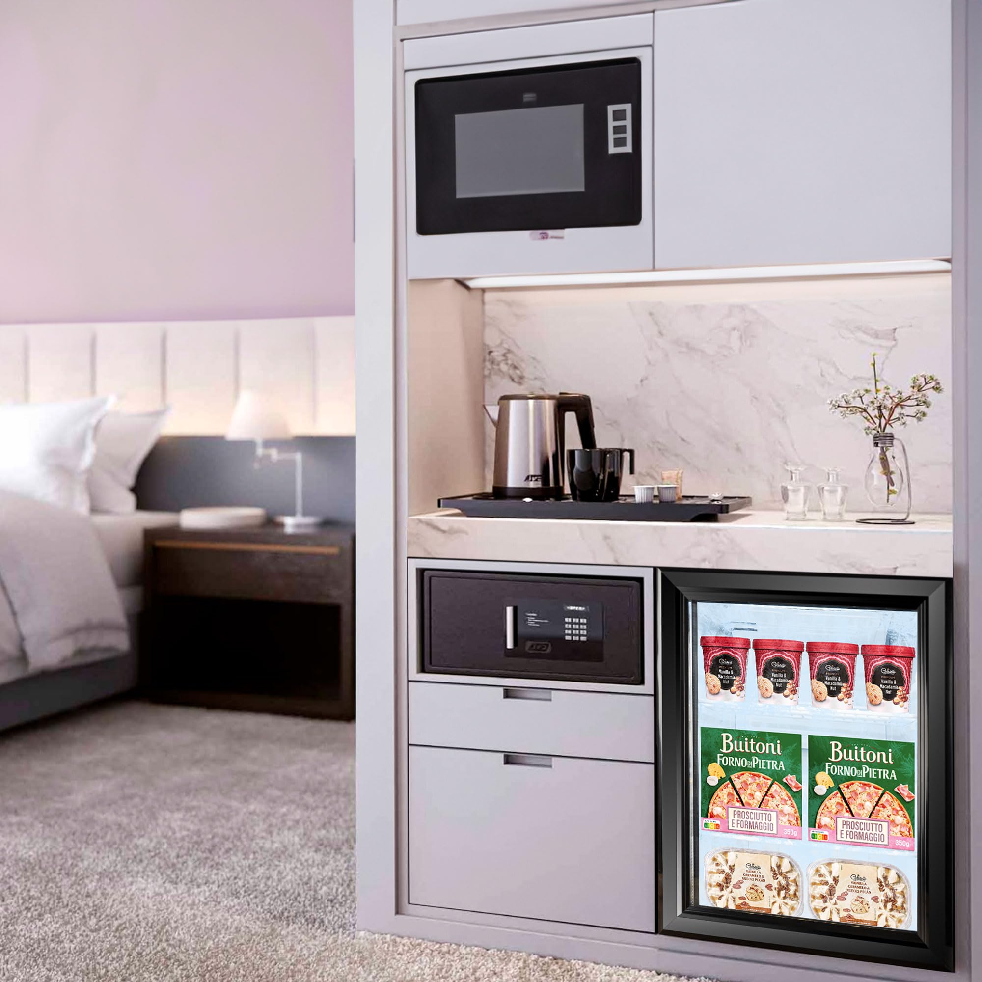 Mini Gefrierschrank klein mit Glastür (21 Liter). Kompakter Einbaugefrierschrank, ideal für kleine Küchen und Büros. Energieeffizienter mini tiefkühlschrank für unter der Theke.