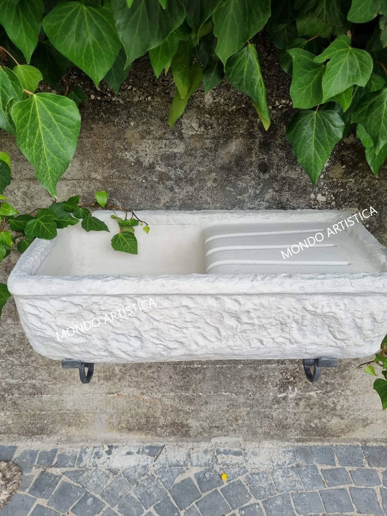 Lavello Lavandino In Cemento Con Staffe in Ferro, Lavabo, Fontana, Vasca E Gocciolatoio reversibile - Larghezza 80x40 Cm - Per Esterno Da Giardino Colore Sfumato grigio chiaro