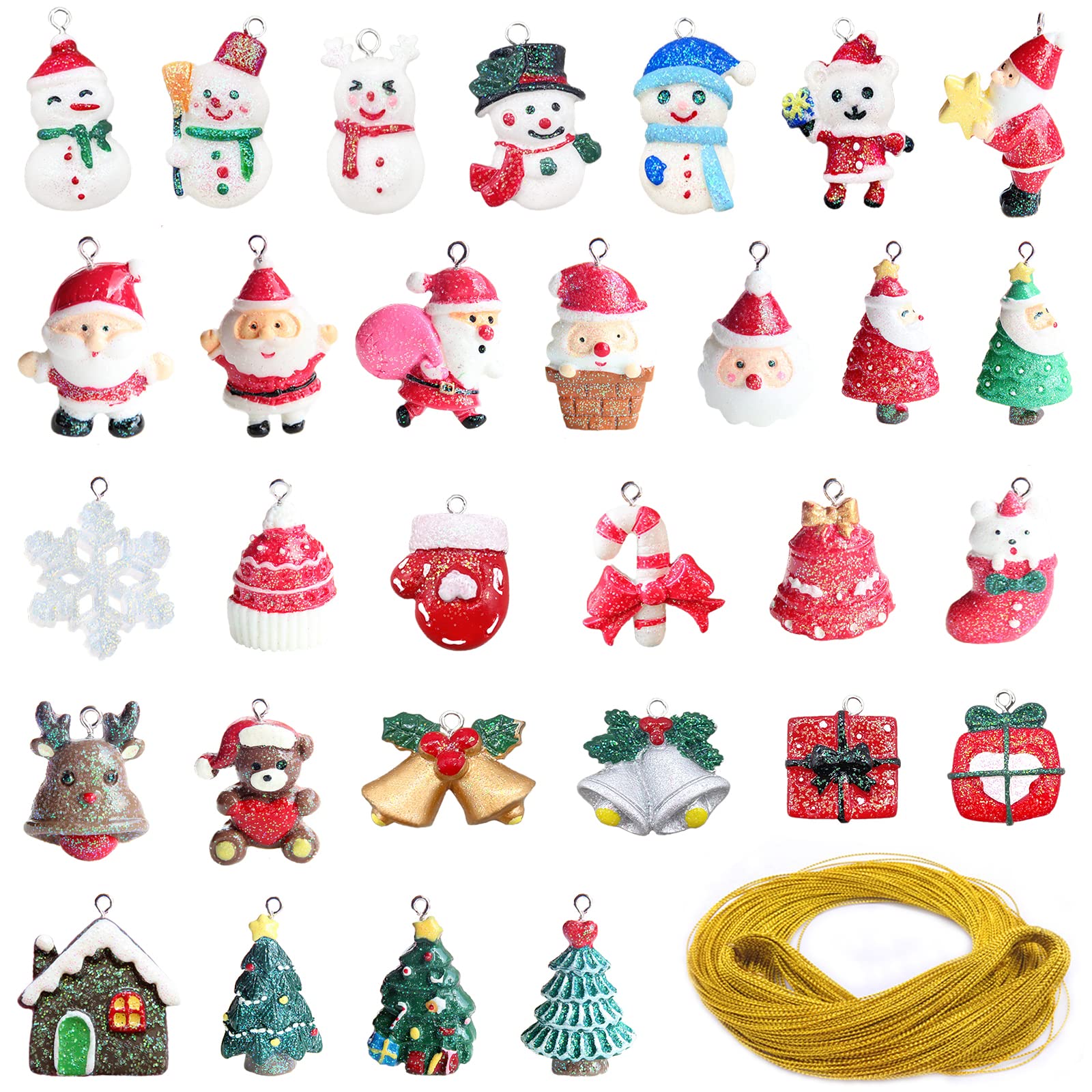 30PCS Glitter Mini Christmas Ornaments for Small Tree Christmas Miniature Hanging Decoration Santa Claus Snowman Reindeer Xmas Tree Tiny Christmas Figurines for Crafts Wreath Tabletop Hanging Decor