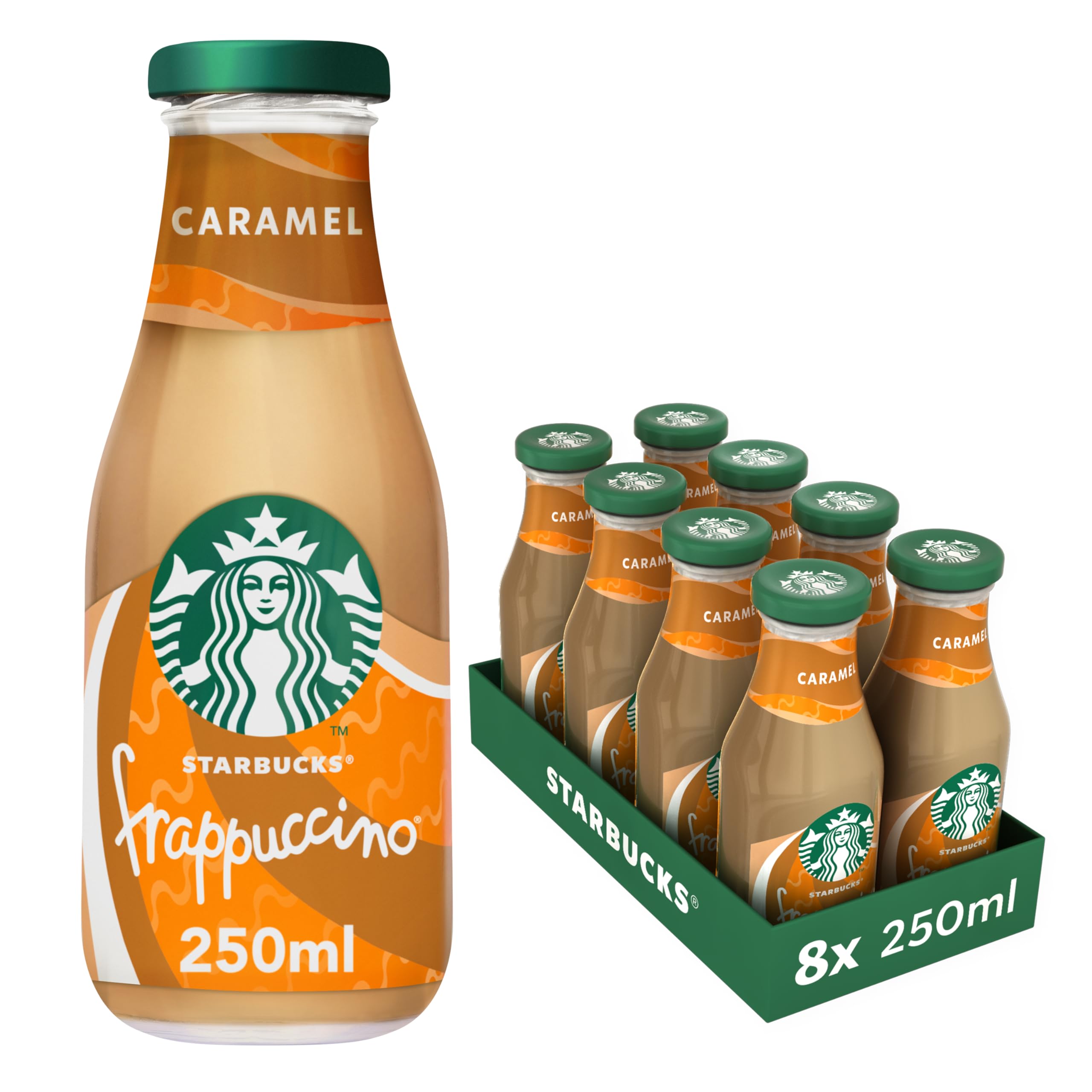 Starbucks Frappuccino Caramel Eiskaffee | 8 x 250ml | mit feinstem Espresso aus 100% Arabica-Bohnen und Milch | wiederverschließbare Glasflasche | ideal für unterwegs oder Zuhause