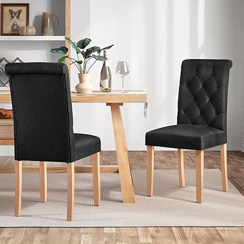Miniatura 58 de Yaheetech Juego de 6 sillas de comedor tapizadas de tela con respaldo alto y patas de madera maciza para cocina, sala de estar, restaurante, estilo
