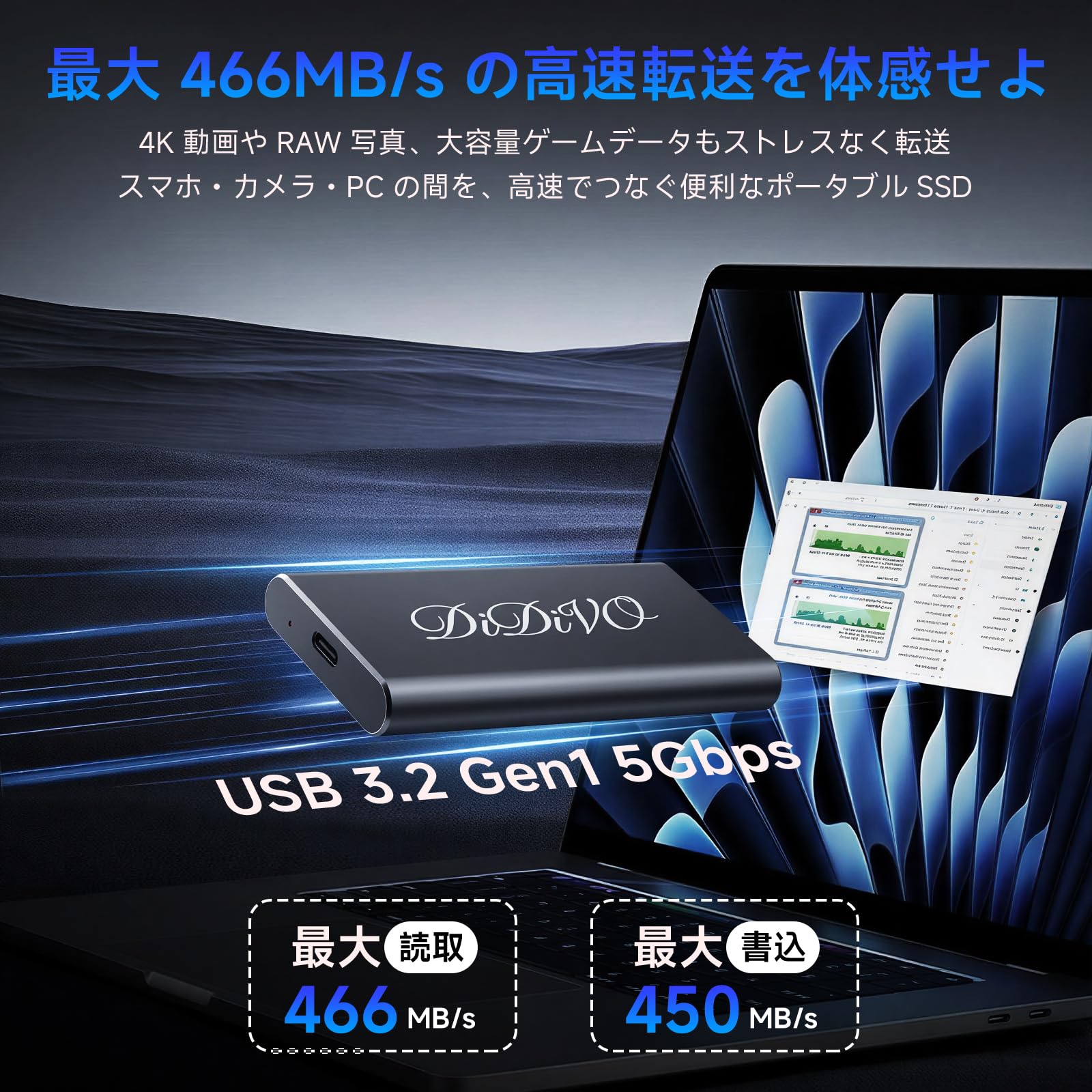 Amazon | DIDIVO 外付けSSD 2TB、最大460MB/s・USB-C/A 2 in 1ケーブル
