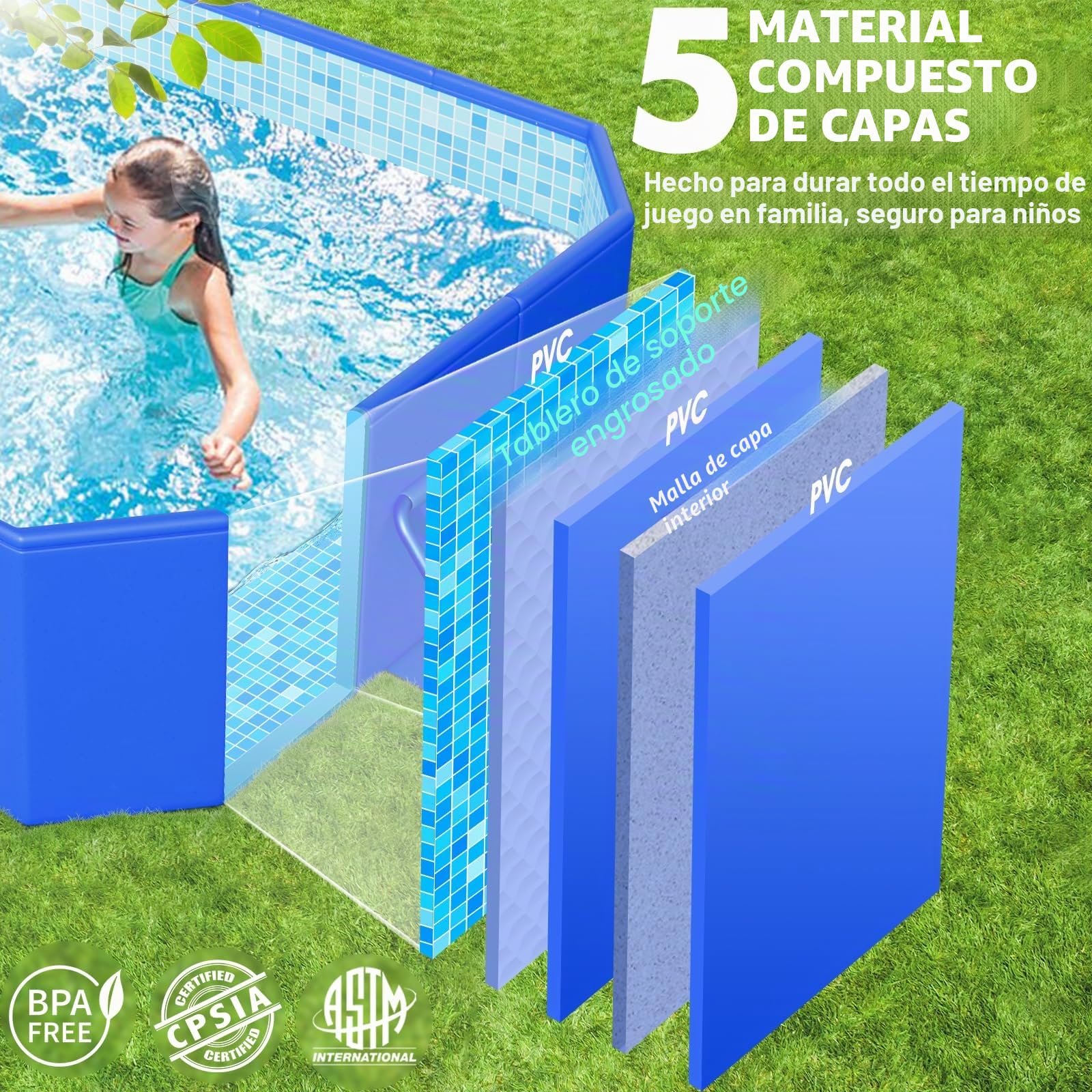 KingSom Piscina Desmontable Rectangular, Piscina Desmontable Plegable, Engrosado Sobredimensionado Frame Pool, Piscinas Rectangular Doblable, Fácil de Guardar, Piscinas para Jardín, 300 x 185 x 51 cm