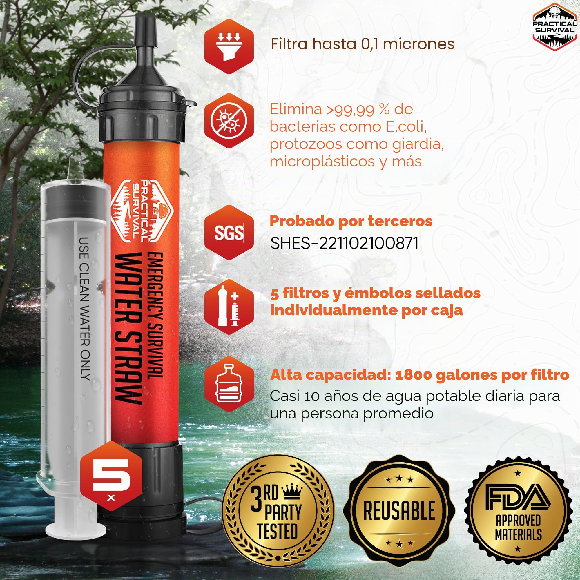 5 pajitas de agua de supervivencia de emergencia de alta capacidad, filtro de agua personal para camping, senderismo, viajes, ciclismo, supervivencia, preparación para emergencias, ligero,