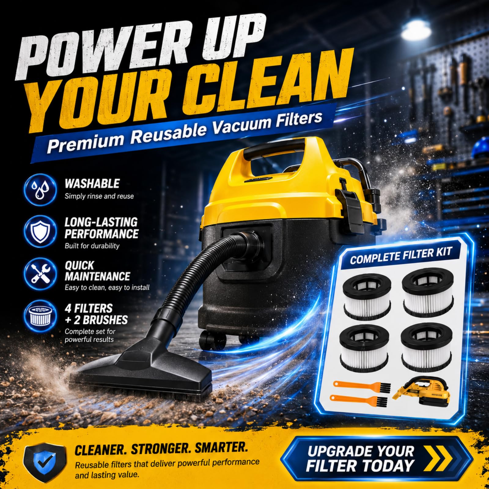 Paquete de 4 filtros HEPA DC515H compatibles con aspiradora seca y húmeda DEWALT DC515 DCV517 DCV517B, equipado con 2 cepillos de limpieza que se pueden reutilizar