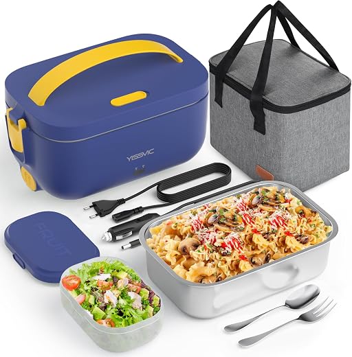 YISSVIC Scaldavivande Elettrico Portatile 3 in 1 per Auto Camion e Ufficio 12V 24V 220V Riscalda i Cibi in 30 Minuti Portapranzo per Alimenti di Acciaio Inossidabile 1.5L Con Borsa Isolante 60W Blu