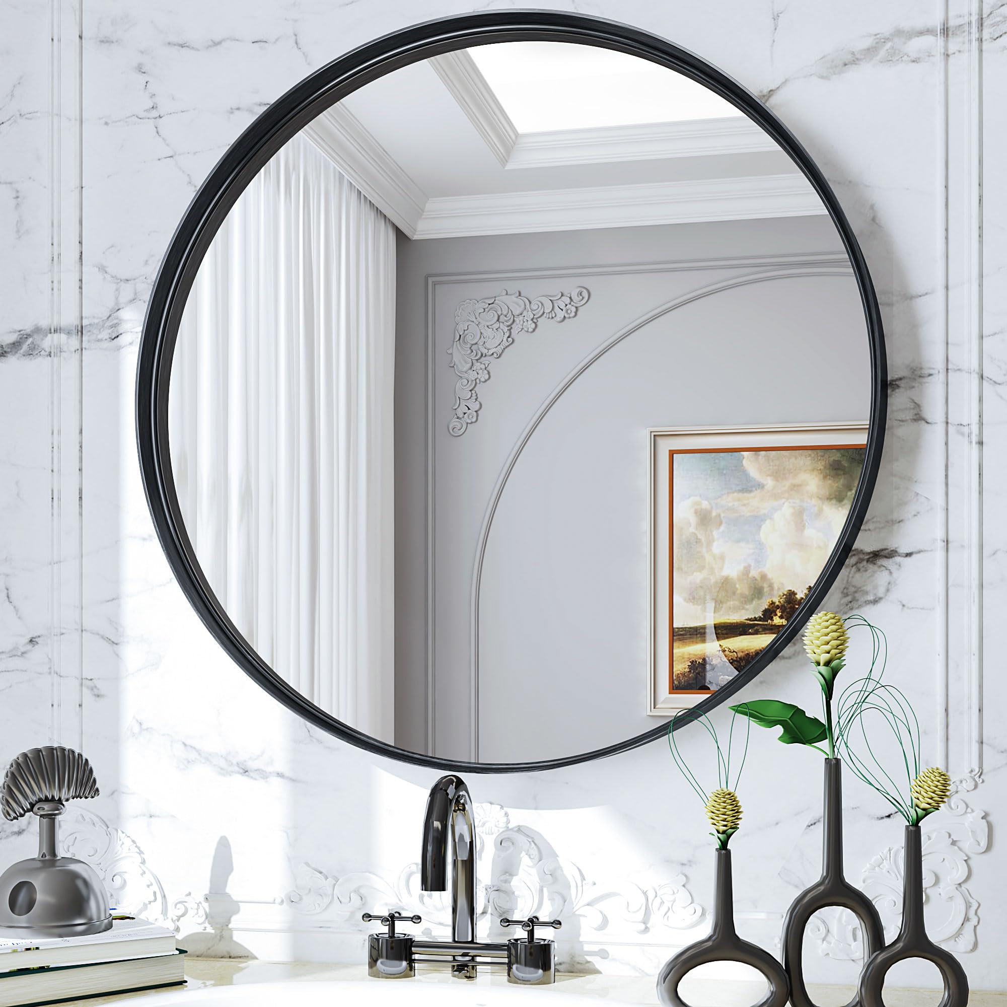 Suidia 24" x 24" Bathroom Mirror, Bathroom Vanity Mirror Metal Framed, Wall-Mounted Mirrors for Bedroom, Living Room, Entryway, Hallway, Black, Round Style