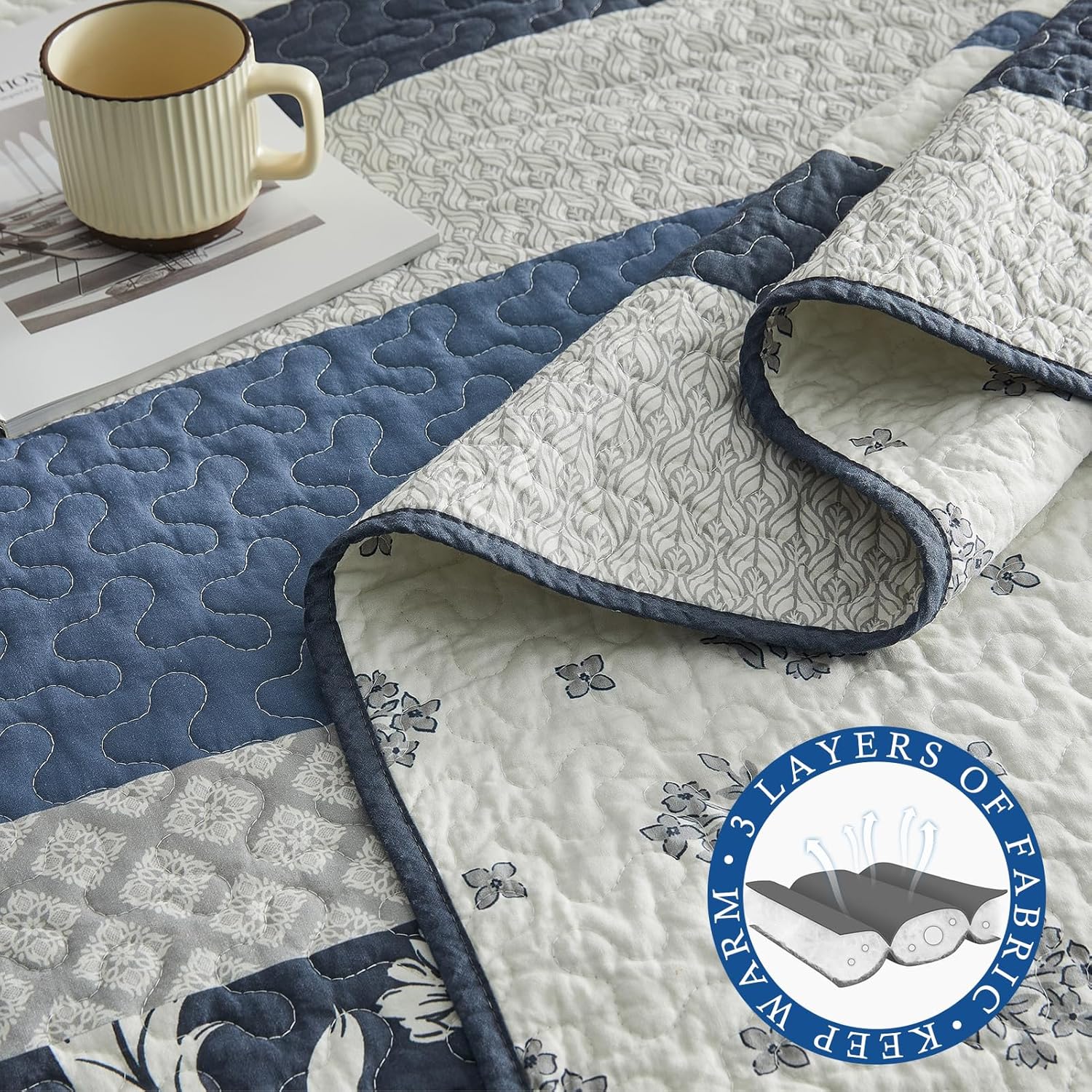 100% Cotton Oversized King Size Bedspread 120"x120" - Farmhouse Lightweight Cal Quilt with 2 Pillowshams, Reversible Floral Striped Quilted Bedding Coverlet Set, 3 Pcs, Navy/White/Grey