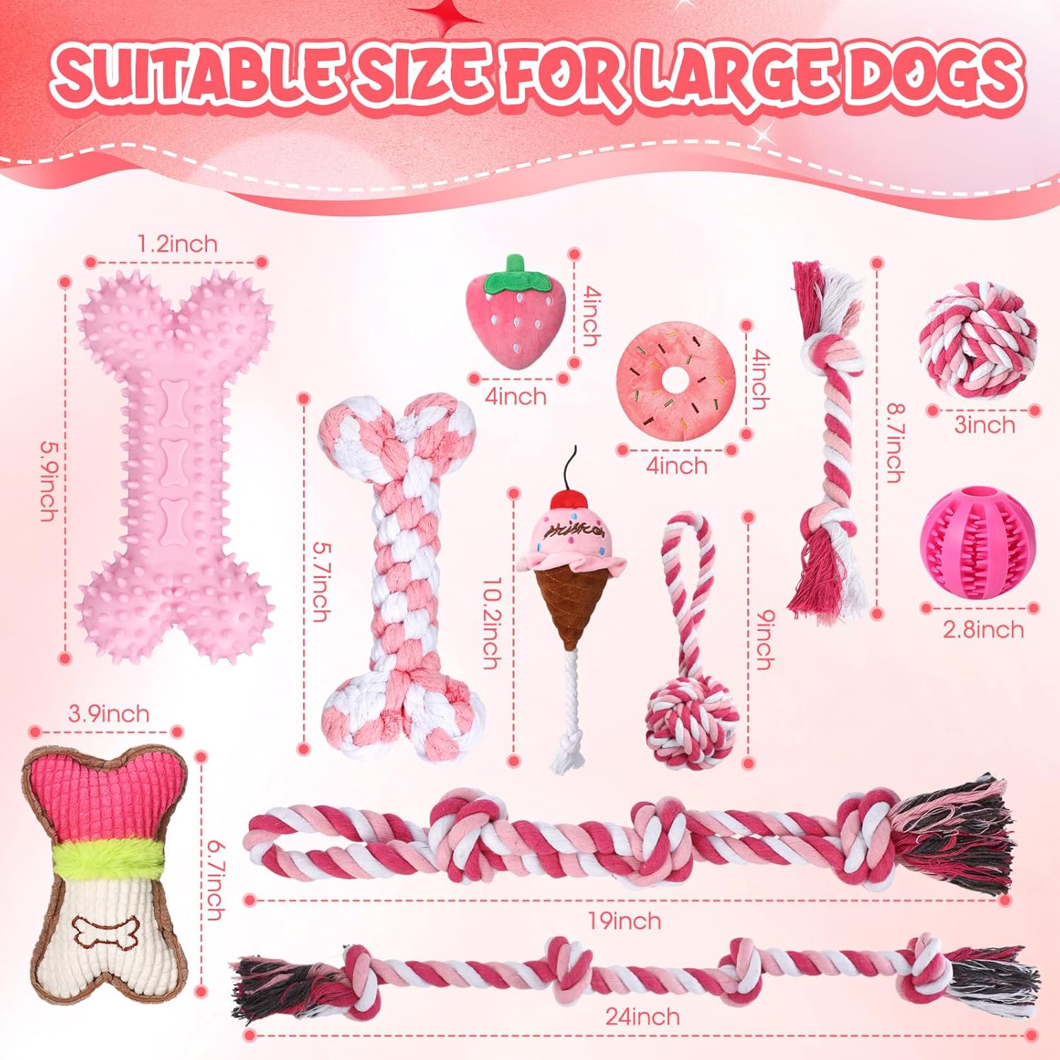 Vinsot 12 Pack Large Dog Chew Toys for Aggressive Chewers Pink Large Dog Teething Toys with Dental Rope Toys, Squeaky Toys, Treat Balls and Chew Bone for Medium, Large X-Large Breeds Dogs 3 812ELofjzlL. AC SL1500