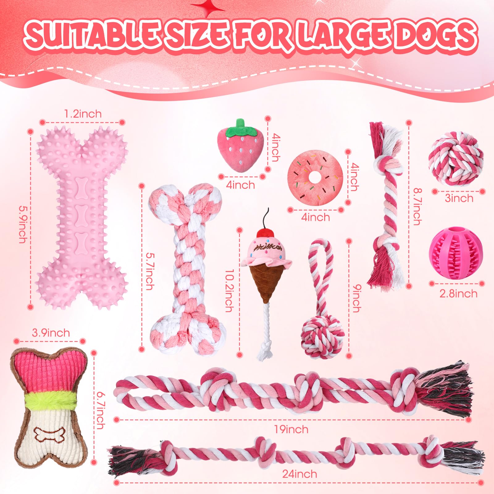 Vinsot Kauspielzeug für große Hunde für aggressive Kauer, rosa Hunde, Zahnspielzeug mit Zahnseil, Quietschbälle und Kauknochen, für mittelgroße und große Rassen, 12 Stück