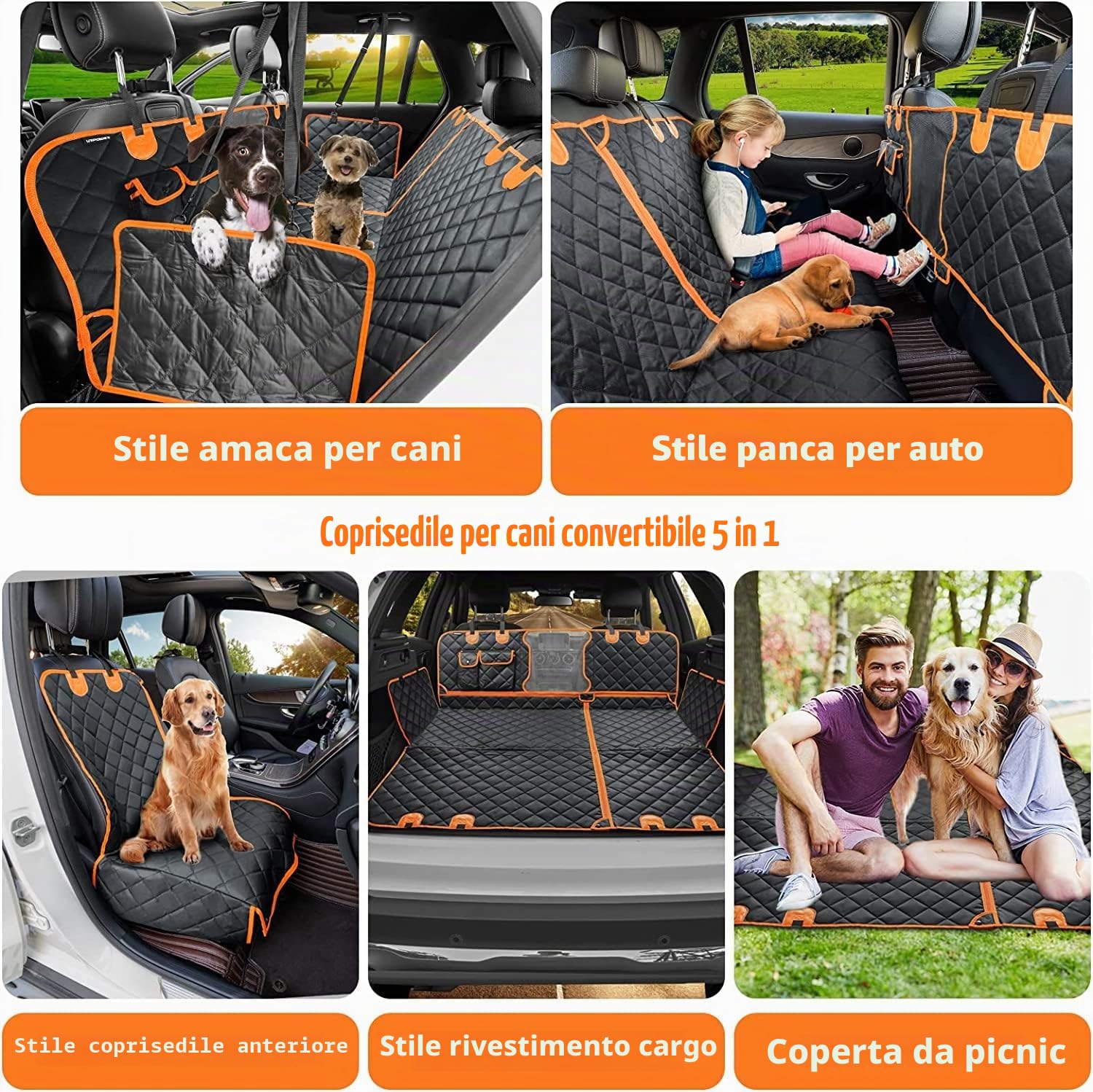 4-in-1 Coprisedile per auto per cani impermeabile sedile posteriore per auto con finestra di visualizzazione in rete lembi laterali per seggiolino auto per animali domestici, amaca per cani
