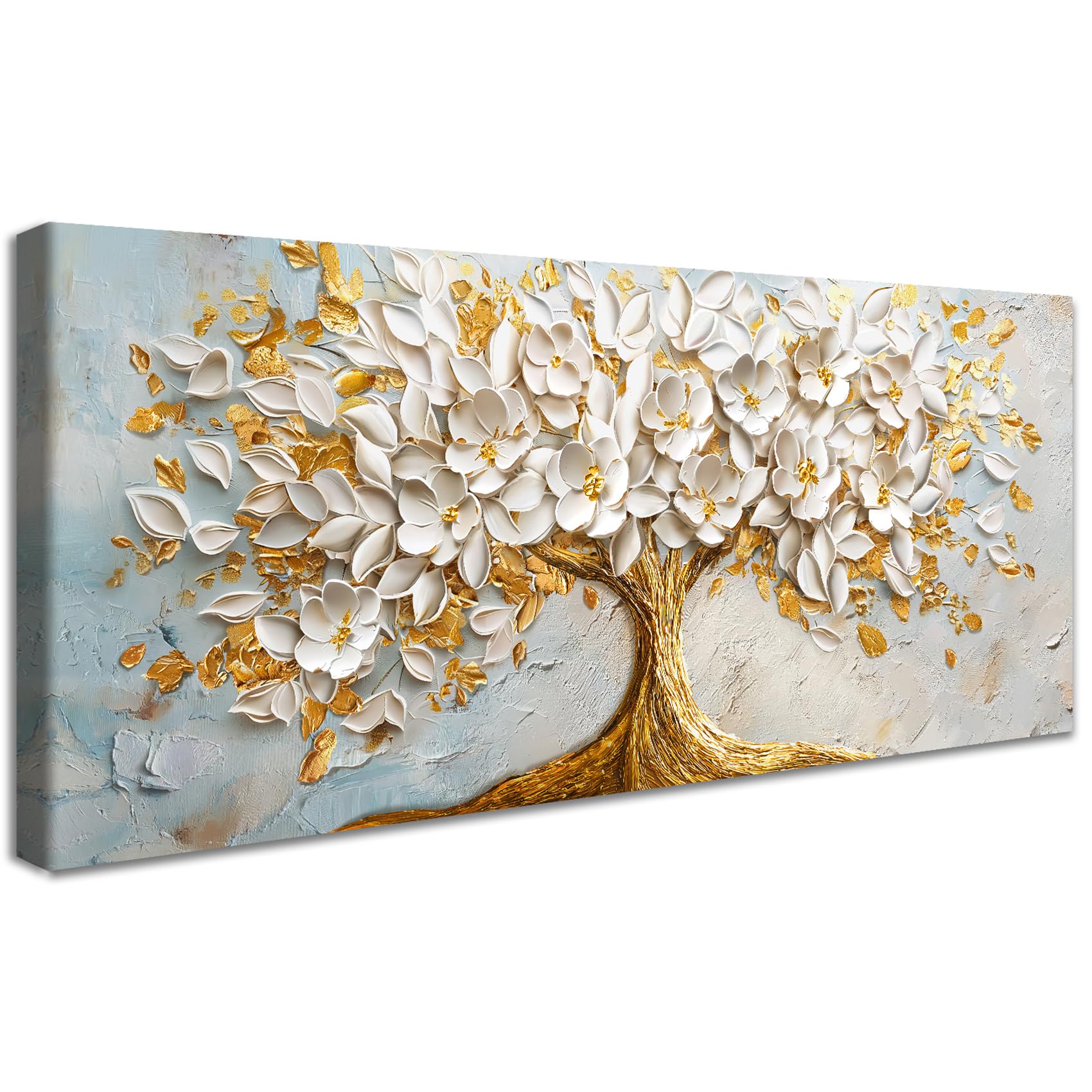 Stampa su tela Con Cornice Albero della Vita Bianco in Fiore Pittura Albero Dorato Lussuoso Quadri su tela Quadri Moderni Quadretti da Parete Stampa da Parete Soggiorno Camera da Letto 50x120cm