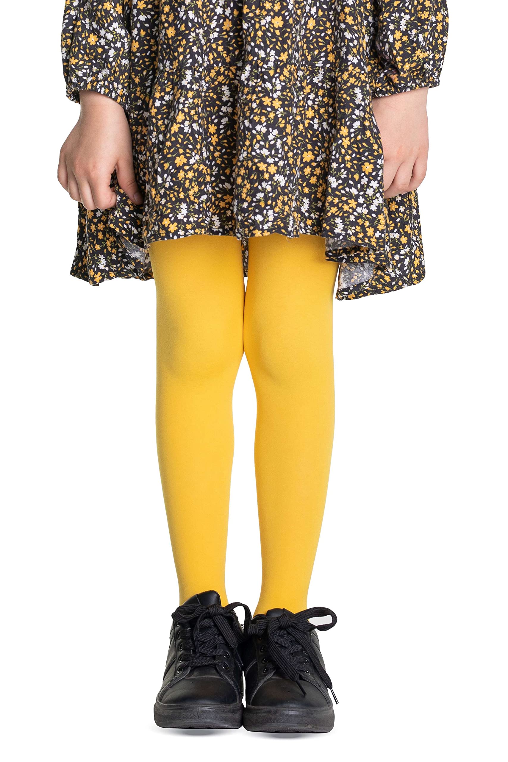 LORES Yellow Tights for Girls 40 DEN Opaque Plain Solid Footed, Soft Microfibre Ballet Tights, School Uniform Tights Kids Dance Gymnastics Everyday-wear, 11-12 Years (146/152 cm)
