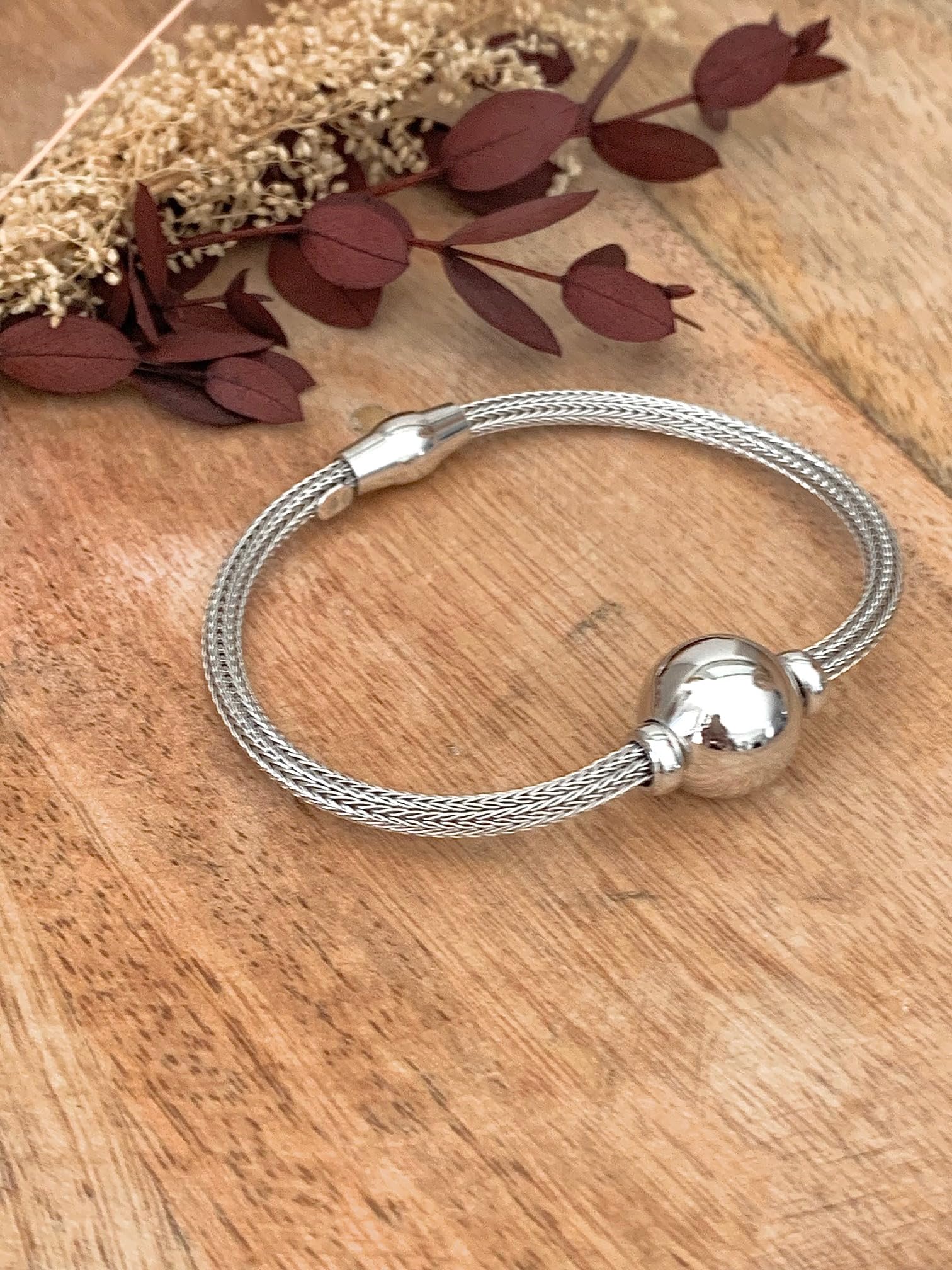 Bracciale a maglia palma con sfera in argento 925 rodiato - CPL, Taglia unica, Argento sterling Metallo Argento