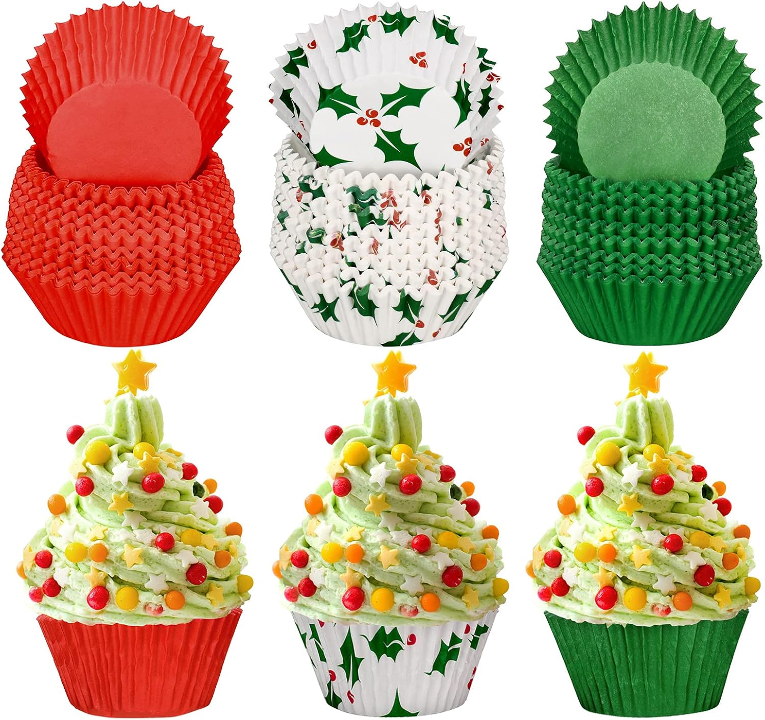 Potchen 600 Count Christmas Cupcake Liners Red Green Berry Snowflake Print Baking