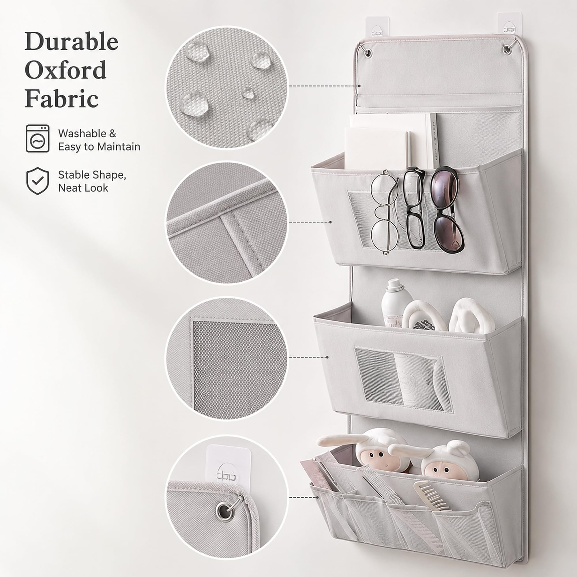 Organizer da appendere a 3 strati, 40 x 90 cm, organizer per porta senza fori, per bagno e guardaroba, organizer da parete pieghevole in tessuto Oxford con 3 tasche, 2 ganci, portaoggetti