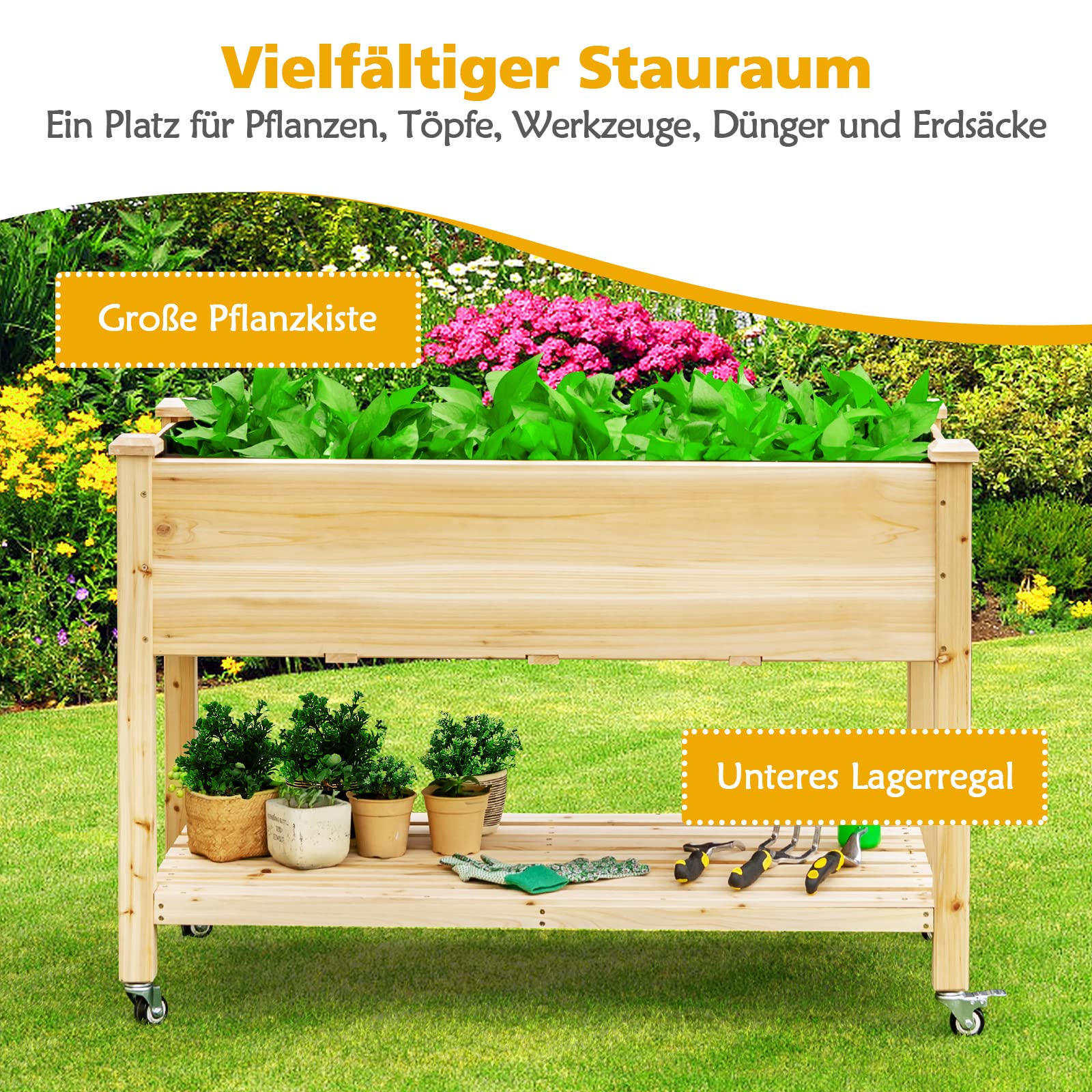 FANTASK Hochbeet aus Holz mit Ablage & Rollen, Erhöhtes Gartenbeet, Pflanzkasten mit feststellbaren Rädern & Abdeckfolie, Natur