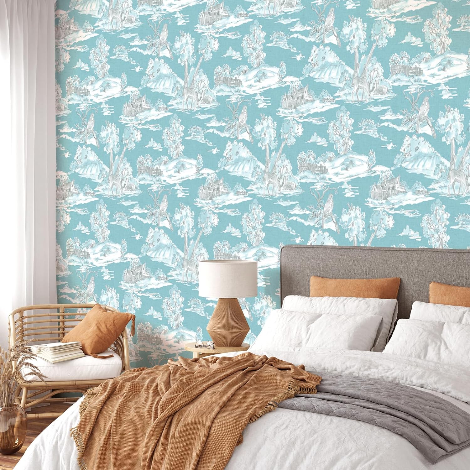 VaryStyle Blue Grey Woodland Wallpaper Scandinavian Forest Peel and Stick Wallpaper Vintage Farmhouse Wallpaper 17.7"x118" Removable Self Adhesive Rustic Contact Paper for Cabinets Walls Bedroom