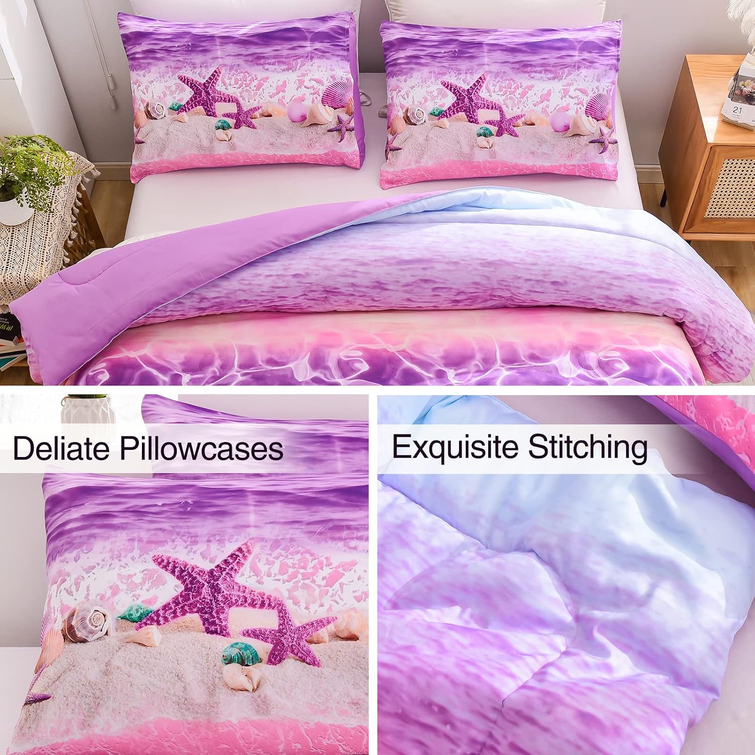 A Nice Night Boho Bohemian Comforter Set, Sand Star Ocean Beach Printed, Soft Microfiber Queen Bedding Set,Purple Queen