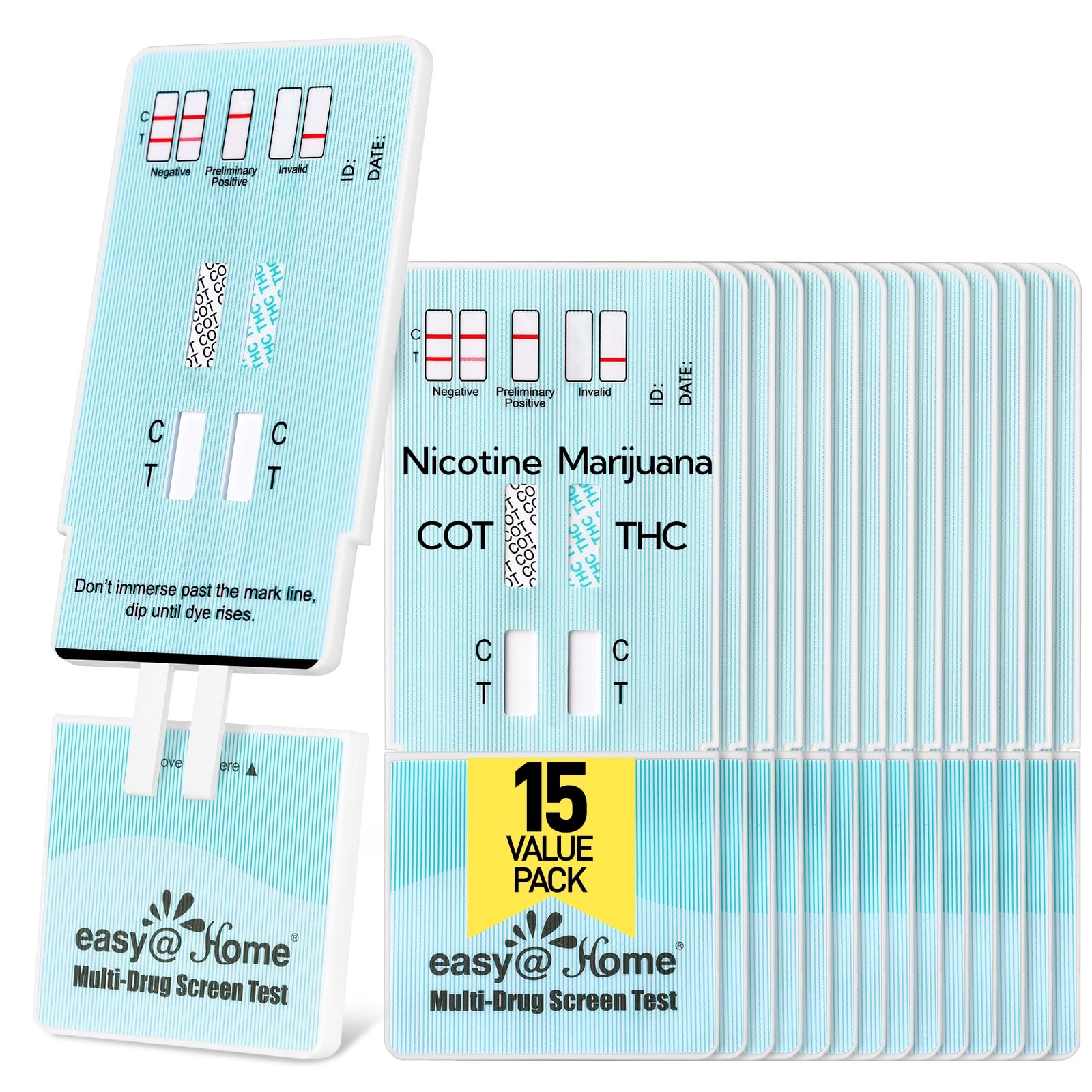 Easy@Home Multi-Drug Screen Test, 15 Pack Marijuana Nicotine Urine Drug Test Kits, Testing for THC and Nicotine Metabolites Cotinine(COT) in Urine, Accurate Home Drug Testing Kits, EDOAP-124